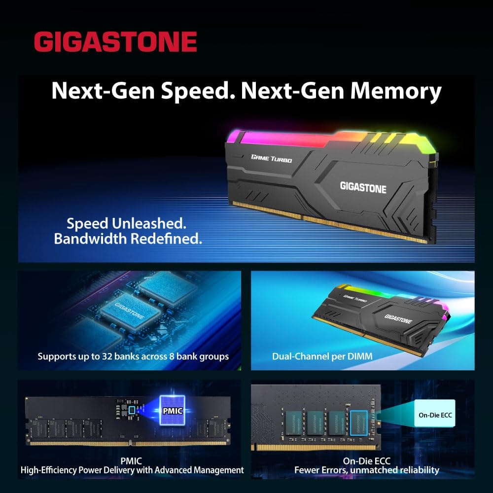 【RGB DDR5 RAM】 GIGASTONE Game Turbo 64GB Kit (2x32GB) DDR5-5600MHz PC5-44800 CL40-40-40-76 Intel XMP 3.0 AMD Expo 1.2V UDIMM 288 Pin Unbuffered NNicht-ECC ungepuffert Desktop Arbeitsspeicher - Black Bild 7