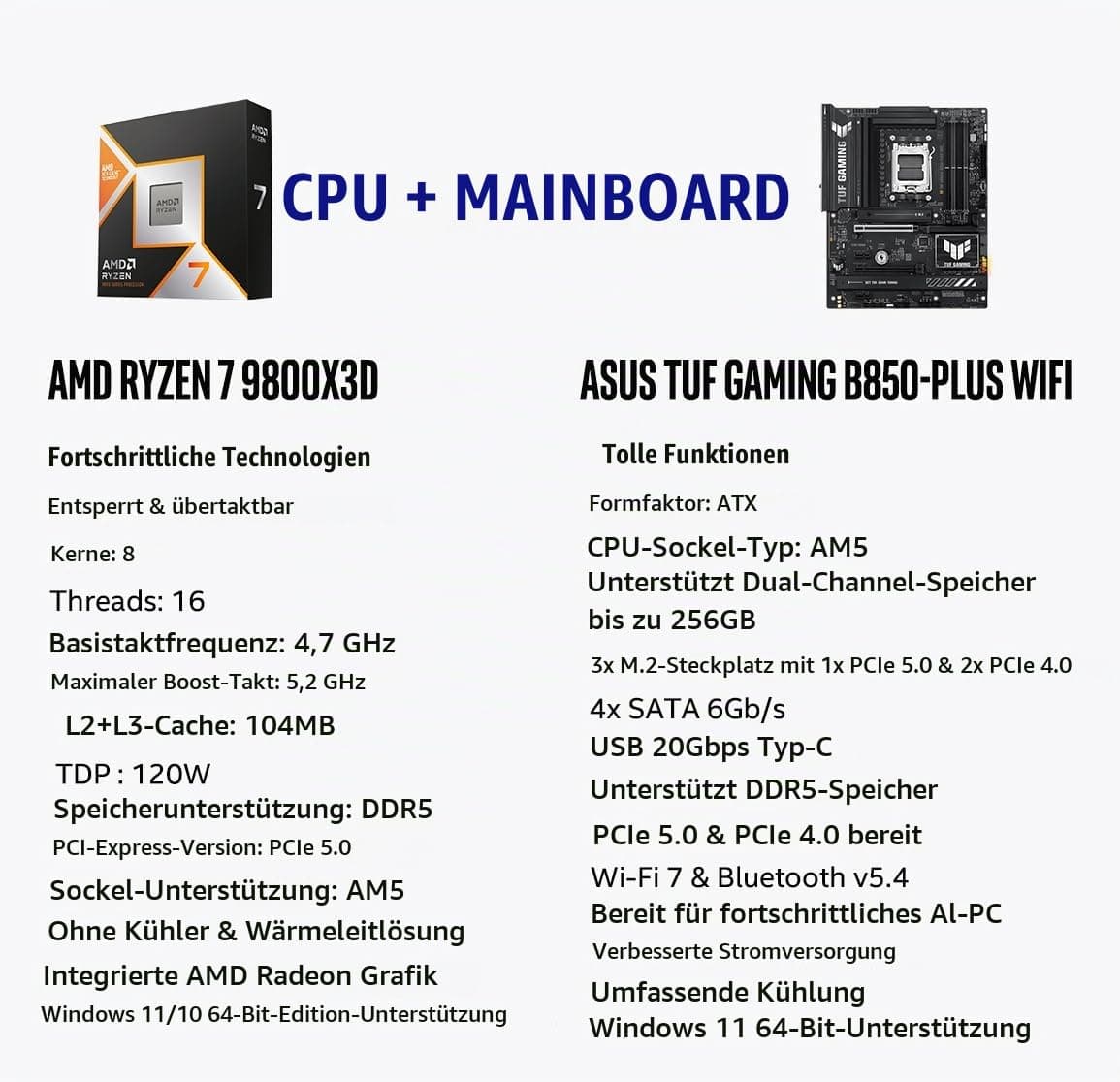 MICRO CENTER AMD Ryzen 7 9800X3D CPU Prozessor mit ASUS TUF Gaming B850-PLUS WiFi AM5 ATX Motherboard (DDR5, PCIe 5.0, 3X M.2, Wi-Fi 7, USB 20Gbps Type-C) AMD Ryzen 7 9800X3D+ASUS TUF Gaming B850-PL WiFi Bild 3