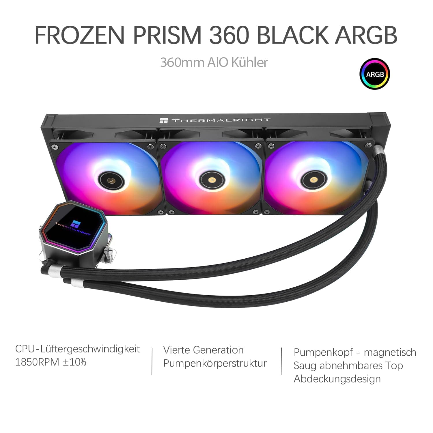 TR-Thermalright Frozen Prism 360 Black ARGB Flüssigkeit CPU Kühler, 360mm Aio Kühler, 3x120mm PM Lüfter-1850RPM, für AMD AM4 /AM5, Intel LGA1851/1700/1150/1151 Bild 3