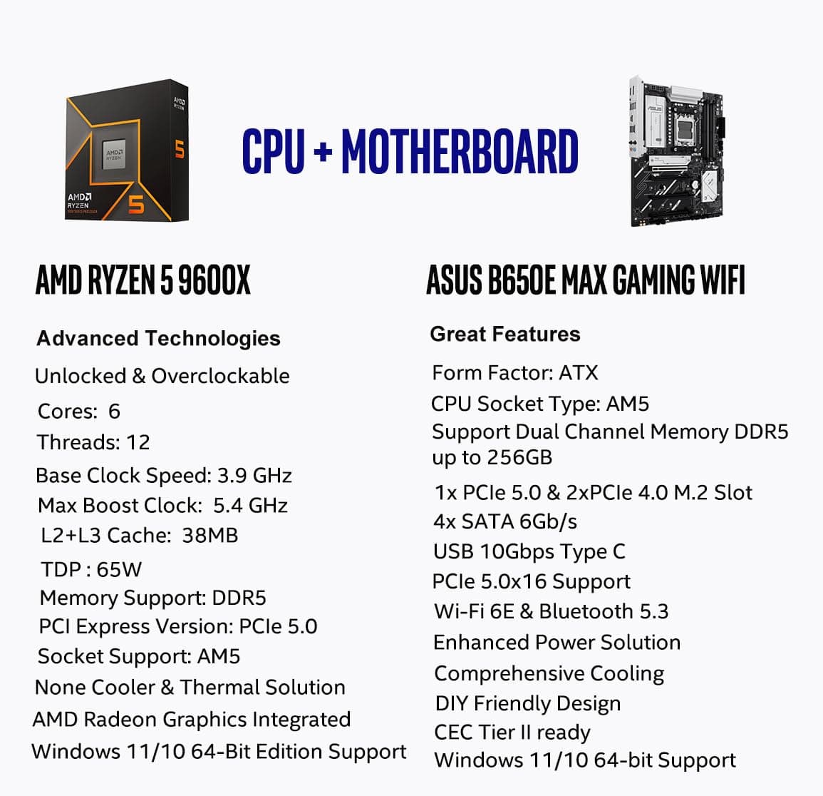 MICRO CENTER AMD Ryzen 5 9600X CPU Prozessor Bundle mit ASUS B650E MAX Gaming WiFi AM5 ATX Motherboard (DDR5, PCIe 5.0, 3X M.2, Wi-Fi 6E) AMD Ryzen 5 9600X+ ASUS B650E MAX Gaming WiFi Bild 3