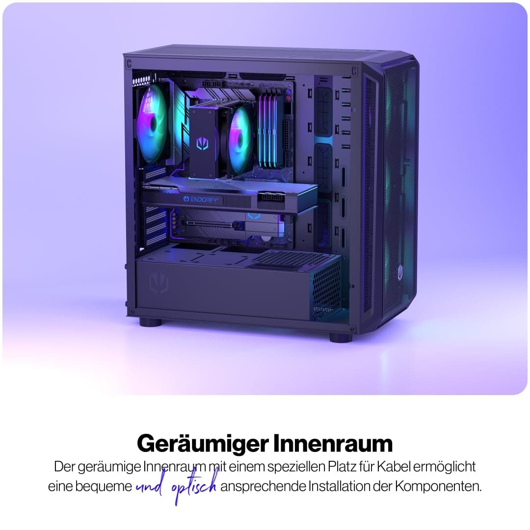 ENDORFY Arx 700 ARGB PC Gehäuse ATX mit Hartglas Seitenfenster | 4x Stratus 140 PWM ARGB Lüfter, USB C, Mesh Front und Top, 360 mm Radiator Support, GPU bis 410 mm, Schwarz Bild 3