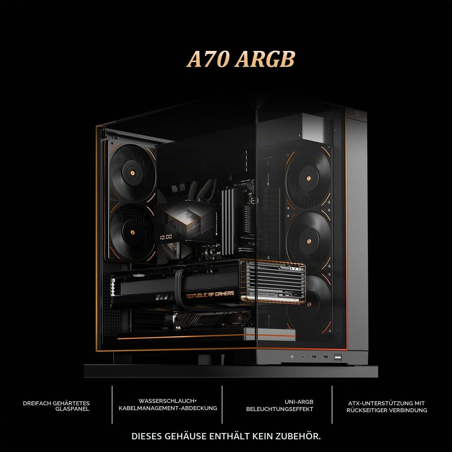 Thermalright TR A70 ARGB ATX Gaming Case Dreiseitiges Spaltenfreies Glas 8 CPU Lüfter Slots +Vierweitiger Luftstrom Schnellfreisetzung Vertikale Grafikkartenmontage Anti-Fall, Panorama-Lichtstreifen Schwarz-A70 ARGB Bild 4