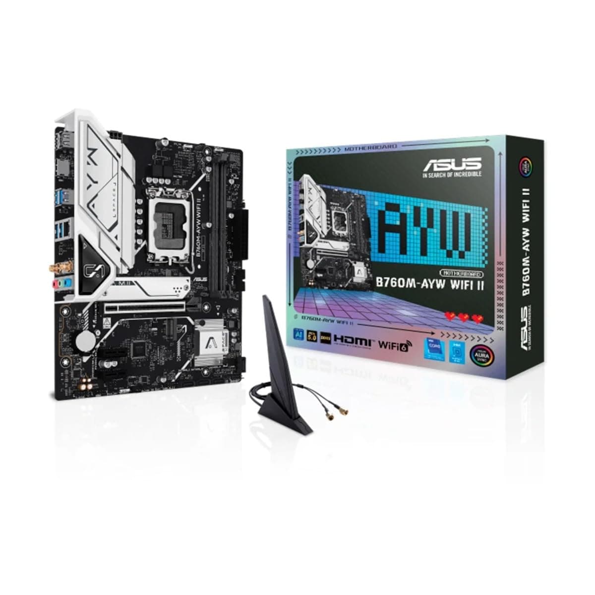 ASUS B760M-AYW WiFi II, Motherboard Intel mATX, LGA 1700, DDR5-Slot, PCIe 5.0, Zwei M.2-Steckplätze, Ethernet Realtek 2,5 GB, Wi-Fi 6, HDMI 2.1, SATA 6 Gbit/s, vordere USB-Anschlüsse 5 Gbit/s, Aura Bild 2