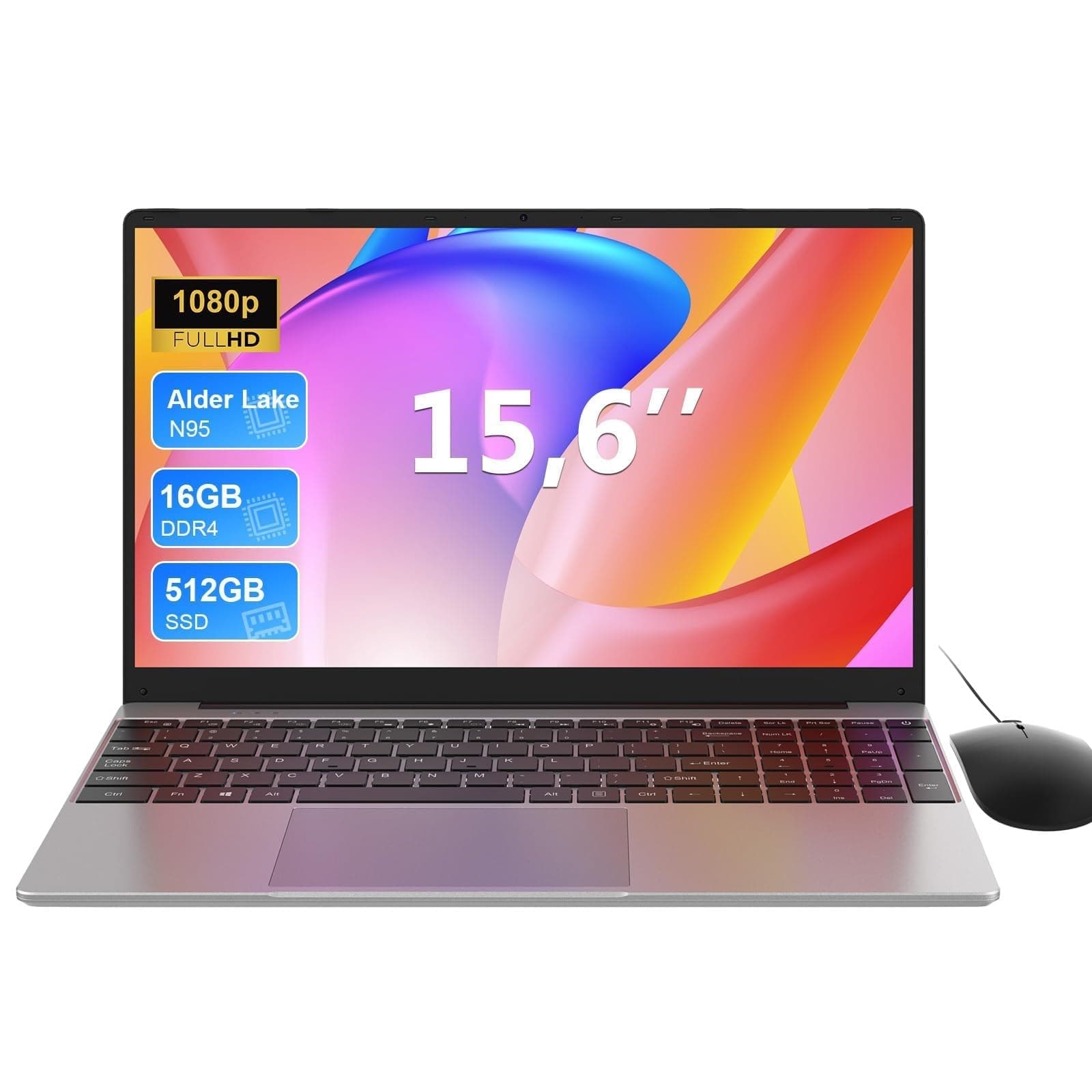 15,6 Zoll Laptop, Quad-Core N95(bis 3,4 GHz), 16GB RAM, 512GB SSD, Full-HD Display, beleuchtete Tastatur mit Nummernblock, 2,4G/5G WLAN, Bluetooth 5.0, Win 11 Notebook für Arbeit, Studium & Homeoffice Perlgrau