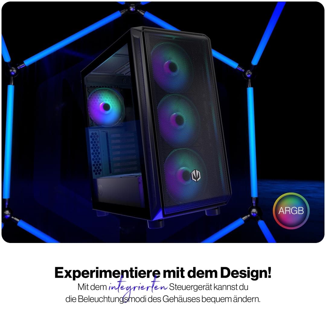 ENDORFY Arx 500 ARGB PC Gehäuse mit Hartglas Seitenfenster | 4× Stratus 140 PWM ARGB Lüfter, USB C, Mesh Front und Top, Unterstützung für 360 mm Radiatoren, GPU bis 350 mm, Schwarz 4x140mm ARGB Fans included Bild 7