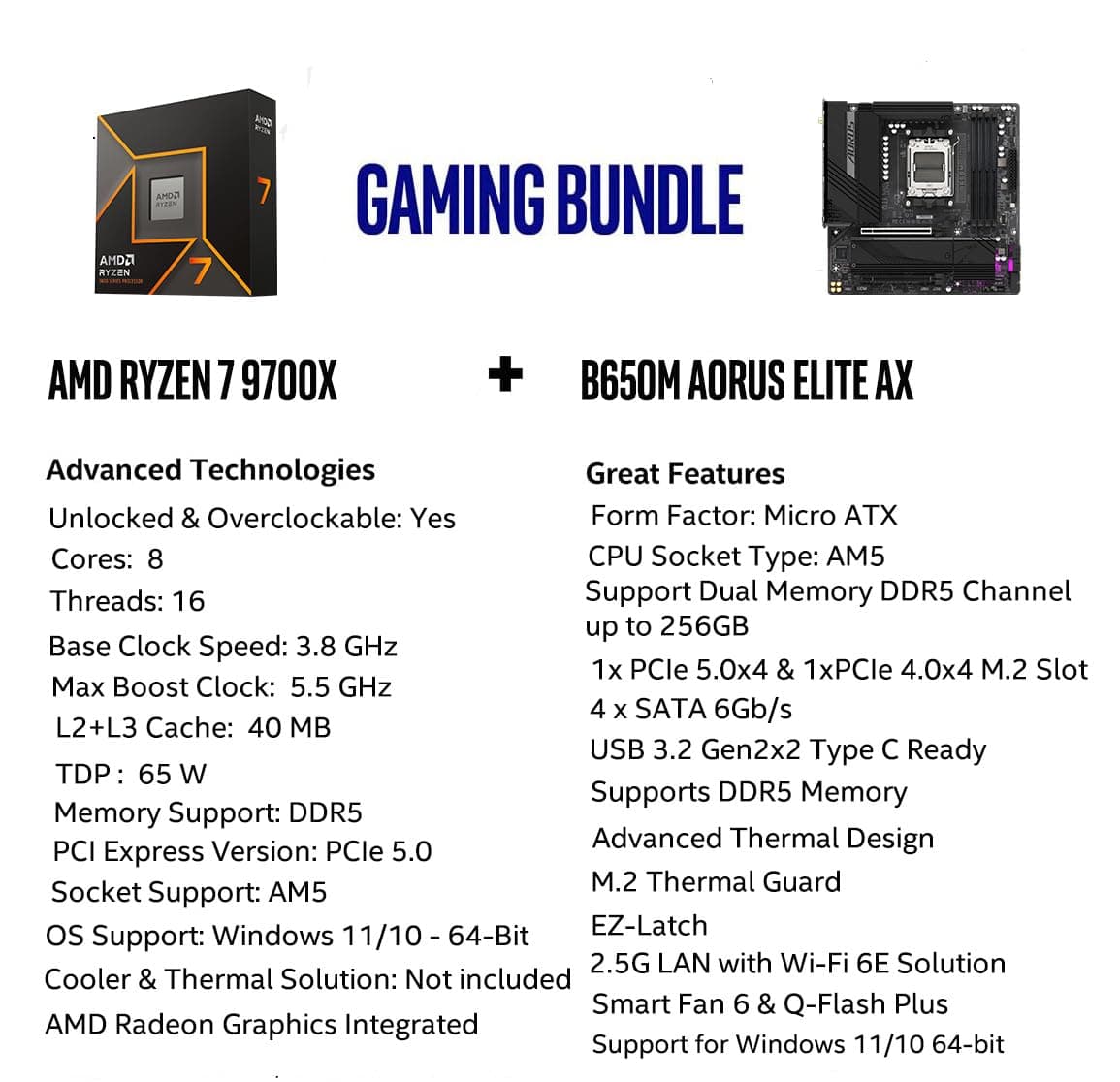 AMD Ryzen 7 9700X CPU Prozessor Bundle mit GIGABYTE B650M AORUS Elite AX Gaming Motherboard (AM5, Micro-ATX, DDR5, PCIe 5.0 M.2, USB 3.2 Gen2X2 Type-C) AMD Ryzen 7 9700X+ Gigabyte B650M AORUS ELITE AX Bild 3