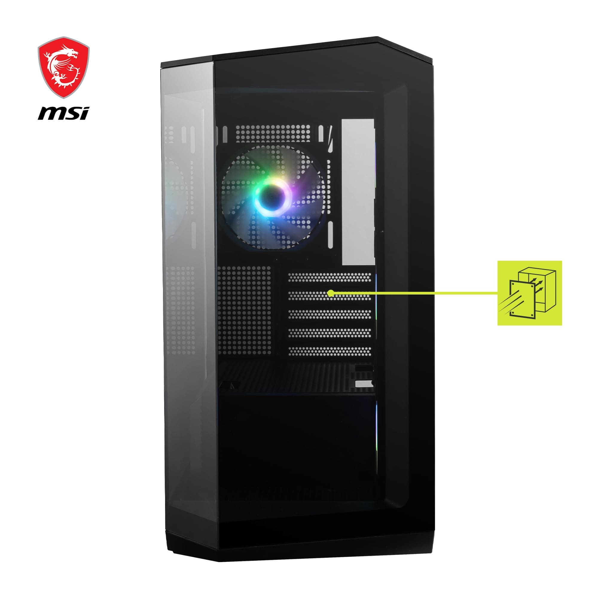MSI MAG PANO M100R PZ mATX PC-Gehäuse - 3 x 120 mm Reverse-Blade ARGB-Lüfter und 1 x 120 mm ARGB-Lüfter mit Hub, GPU-Ständer, Staubfilter, 33 mm Kabelführungsraum, USB Typ-C (20Gbps) Bild 3