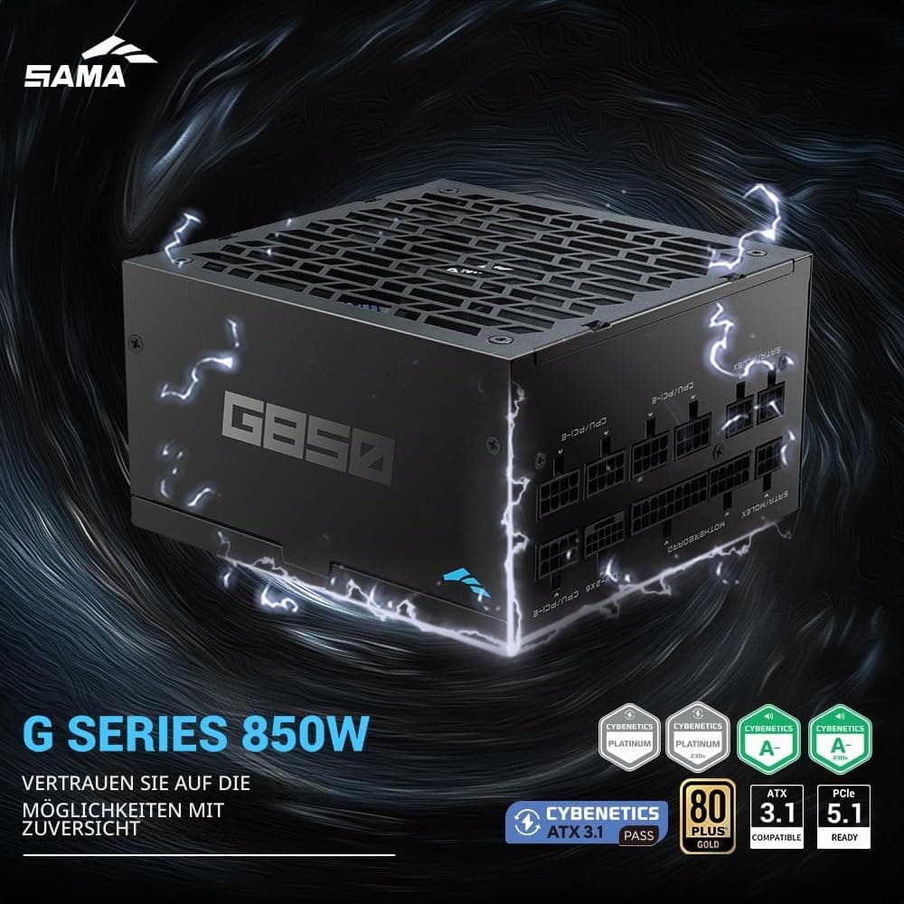 SAMA G850 850W vollmodulares Netzteil– 80 Plus Gold Zertifiziert | ATX 3.1 & PCIe 5.1 kompatibel | 12 V-2x6-Grafikkarten-Stromstecker, japanische Kondensatoren,kompatibel mit der RTX50-Serie -Schwarz G850W Schwarz Schwarz Bild 3