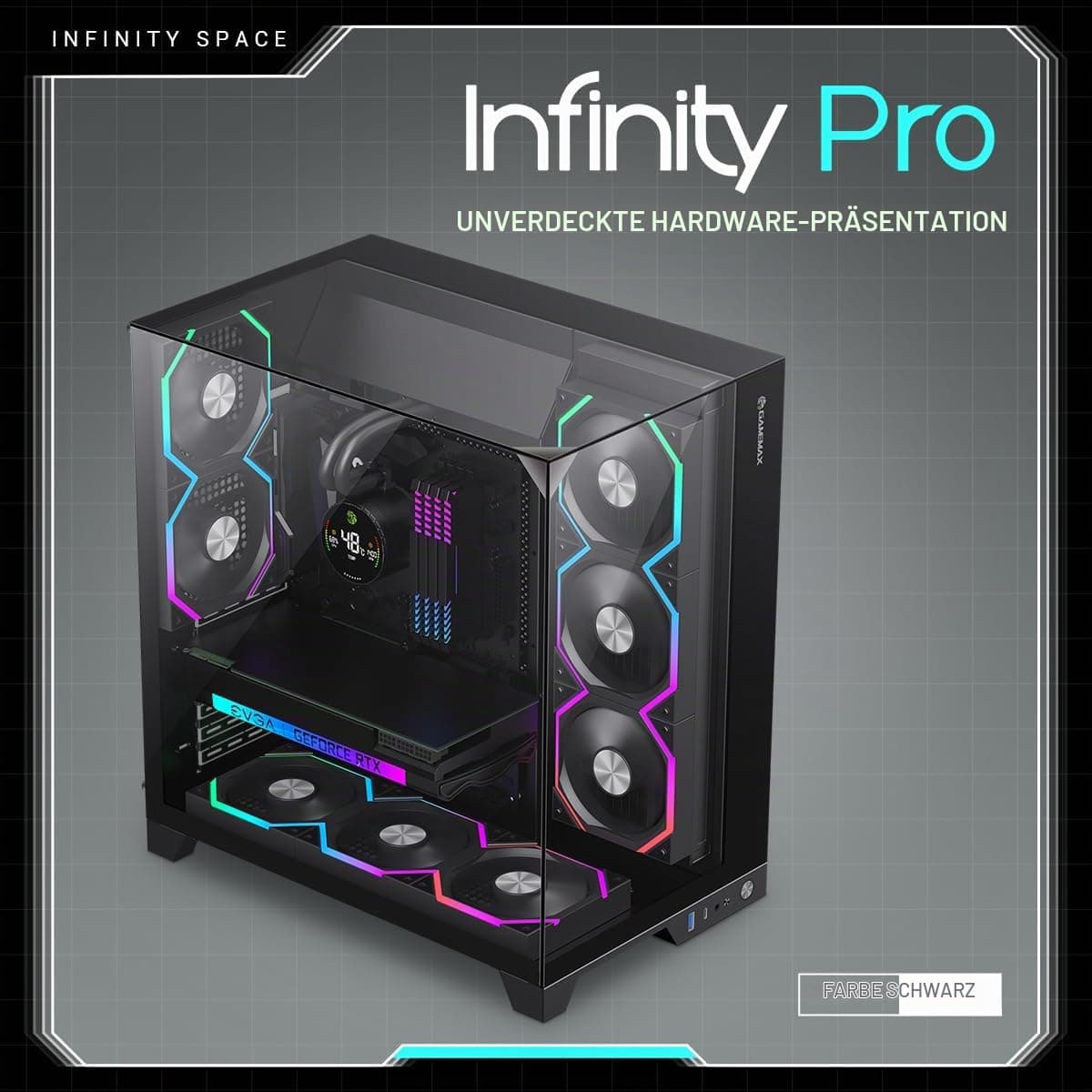 GAMEMAX Infinity PRO BK ATX PC-Gehäuse Schwarz mit gehärtetem Glas, 5X ARGB PWM-Lüfter vorinstalliert, USB 3.0 & Type-C, unterstützt Aura Sync & BTF, verdeckte Wasserkühlungsführung Bild 3
