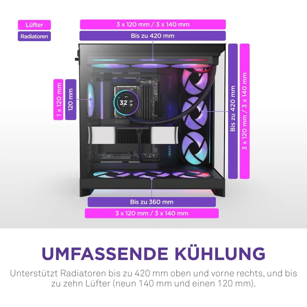 NZXT H9 Flow RGB (2025) – Großes Dual-Kammer ATX Mid-Tower Airflow PC-Gehäuse – Enthält 1 x 420mm RGB-Lüftereinheit & 1 x 120mm Lüfter – 420mm Radiatorunterstützung – Gehärtetes Glas – Schwarz Schwarz Flow RGB Bild 7