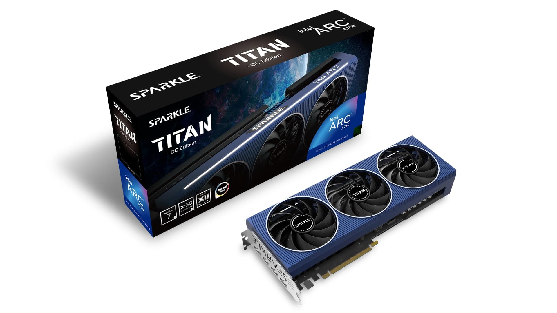 Sparkle Intel Arc A750 Titan OC Edition DDR6 HDMI 2200MHz 8GB Triple Fan Grafikkarte - Blau Bild 2