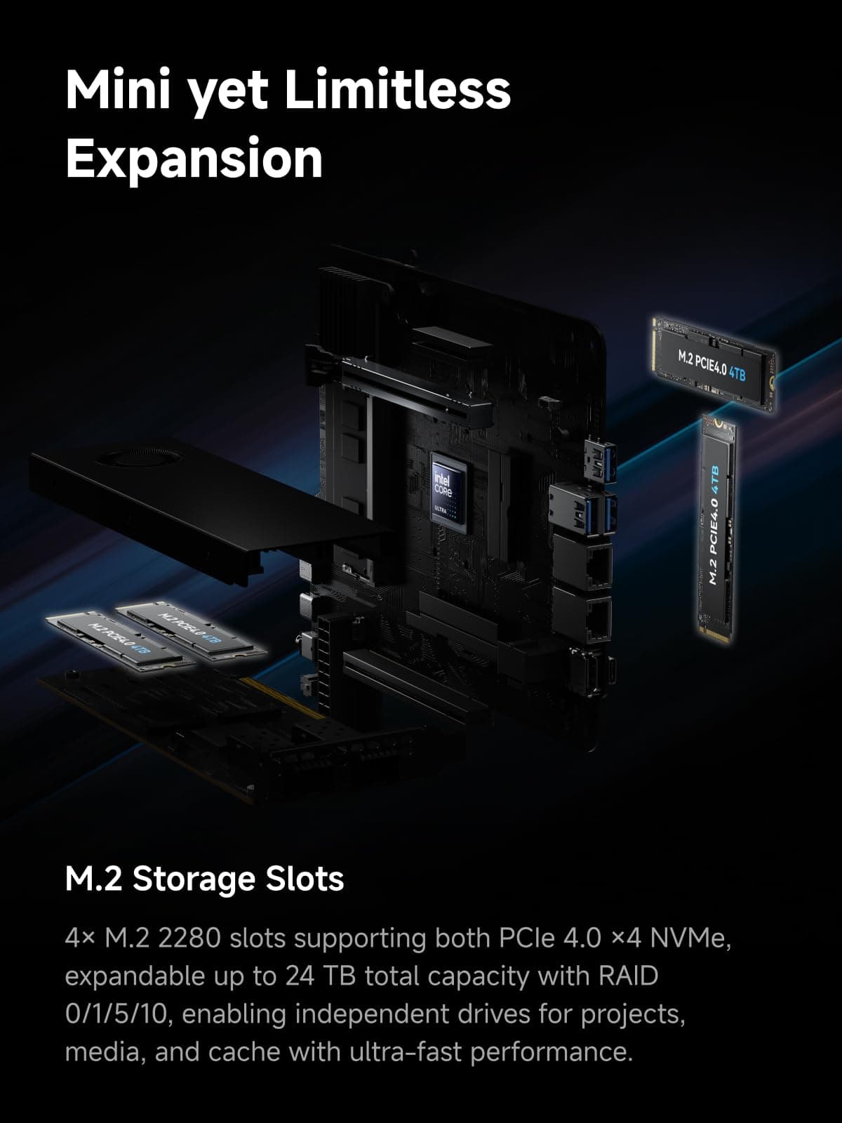 MINIS FORUM MS-02 Ultra Workstation Mini PC, Intel Core Ultra 9 285HX (24C/24T, up to 5.5GHz),PCIe 5.0 x16, 4× DDR5(ECC), 4× M.2, USB4 v2, Dual 25GbE+10GbE+2.5GbE(vPro), Wi-Fi 7,Barebone ohne RAM/SSD MS-02U-285HX 0/0 GB Bild 3