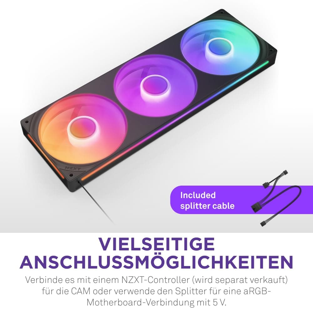 NZXT F360 RGB Core - 360 mm Einzelrahmen-Lüftereinheit mit 3 x 120 mm RGB-Lüftern - Drehzahl- und Beleuchtungssteuerung - Hoher statischer Druck und Luftstrom - 8 aRGB-LEDs pro Lüfter - Schwarz Schwarz 360mm Bild 6