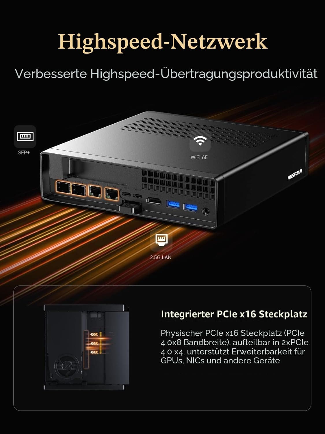 MINIS FORUM MS-A2 Mini PC, AMD Ryzen 9 8945HX (16C/32T bis 5,4 GHz, 64 MB Cache), PCIe x16, 8K Triple Display (HDMI + 2X USB-C), 2X 10G SFP+, 2X 2,5G LAN, 3X M.2, ohne RAM/SSD MS-A2-8945 0/0 Bild 8