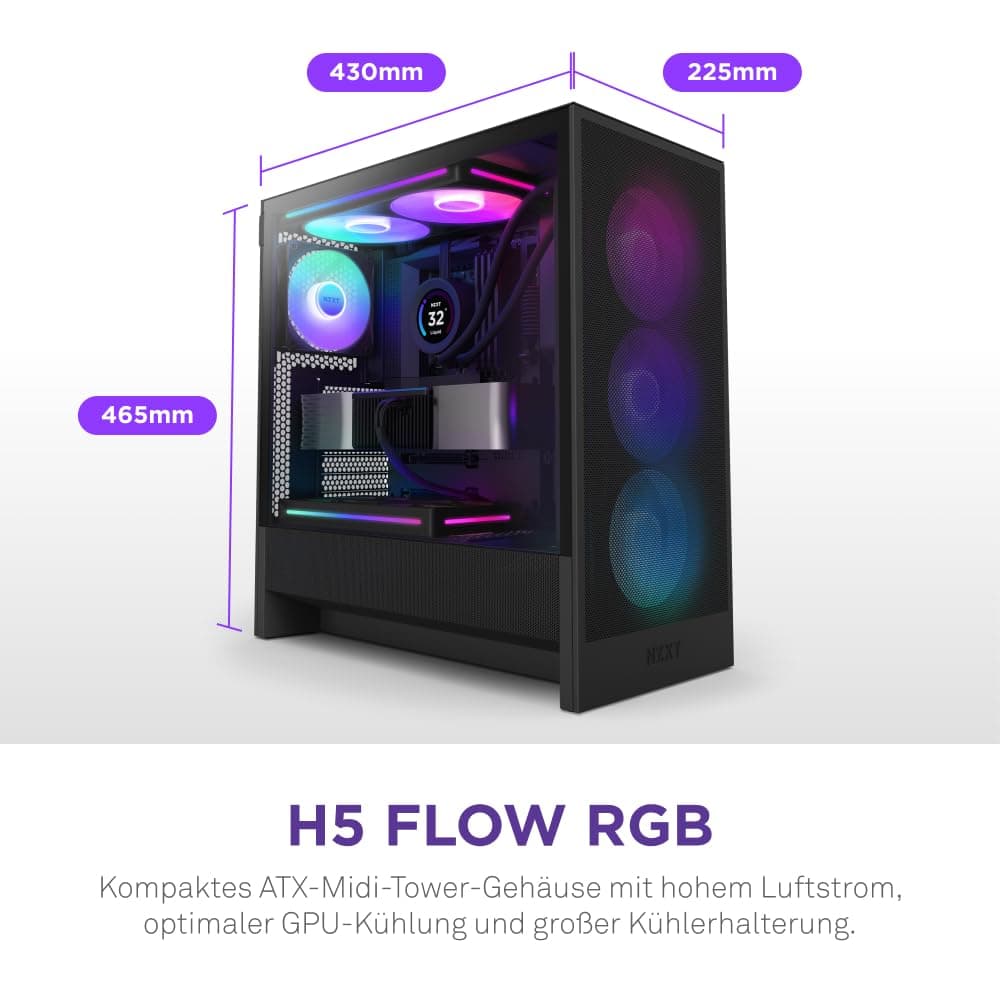 NZXT H5 Flow RGB - Compact ATX Mid-Tower PC Gaming Case - High Airflow - F360 RGB Core (CV) Included - 360mm Front & 240mm Top Radiator Support - Cable Management - Tempered Glass - Black Flow RGB Schwarz Bild 3