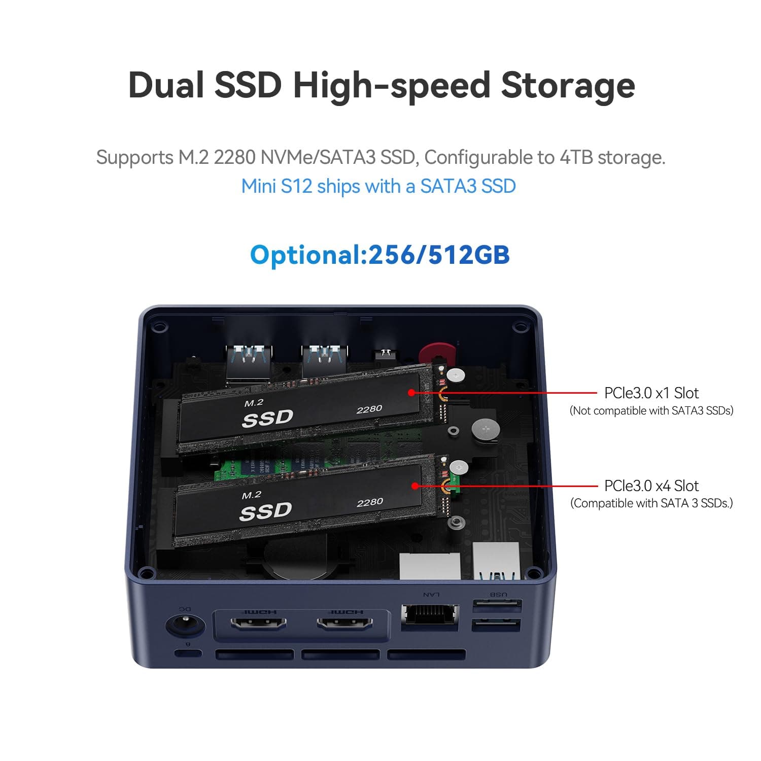 Beelink Mini PC S12, Intel Alder Lake-N95 Prozessor (bis zu 3.40GHz) Mini Computer, 8GB RAM 480GB SSD Office Mini Desktop PC Windows 11 Home, 4K Dual HDMI/WiFi 5/BT4.2/RJ45 2.5G MINI S12/N95/8G/256G Bild 6