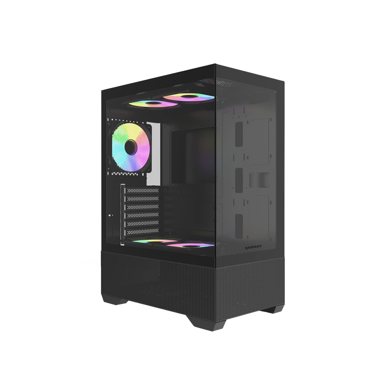 Raidmax I802 Mesh Air Flow Kompaktes Panorama-ATX-Mid-Tower-Gehäuse – 270°-Sicht gehärtetes Glas, 5 x vorinstallierte 120 mm statische RGB-Farblüfter, unterstützt ATX/Micro-ATX-Motherboards, max. 340 Bild 2