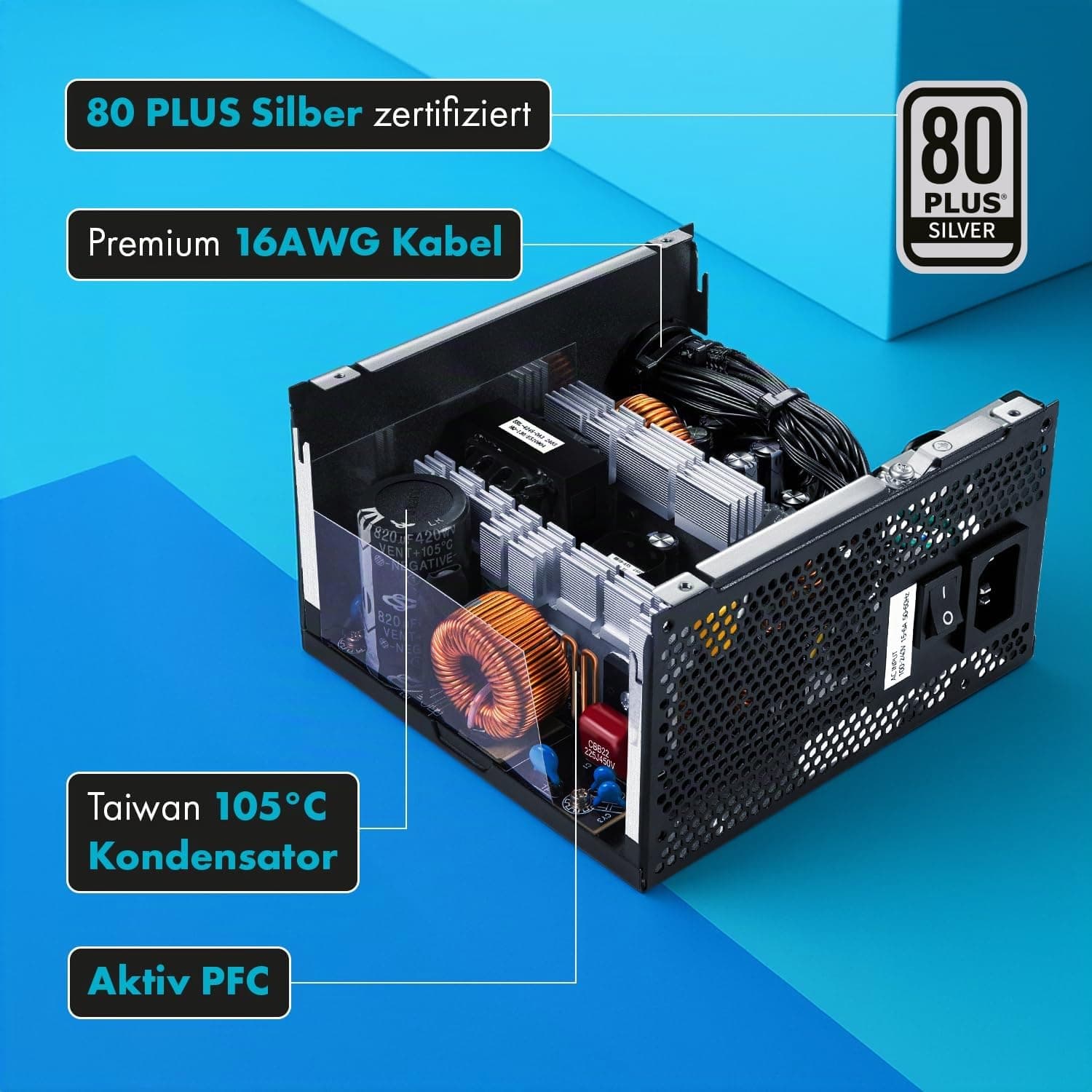 850 Watt Netzteil für PC Gaming ATX 3.1 und PCIe 5.1 kompatibel [Silber Serie] 80 Plus Silber I 12V Netzteil I für PC Gehäuse ATX I Power Supply I ATX Netzteil I 12V 2x6 Kabel GPU I leise Bild 7