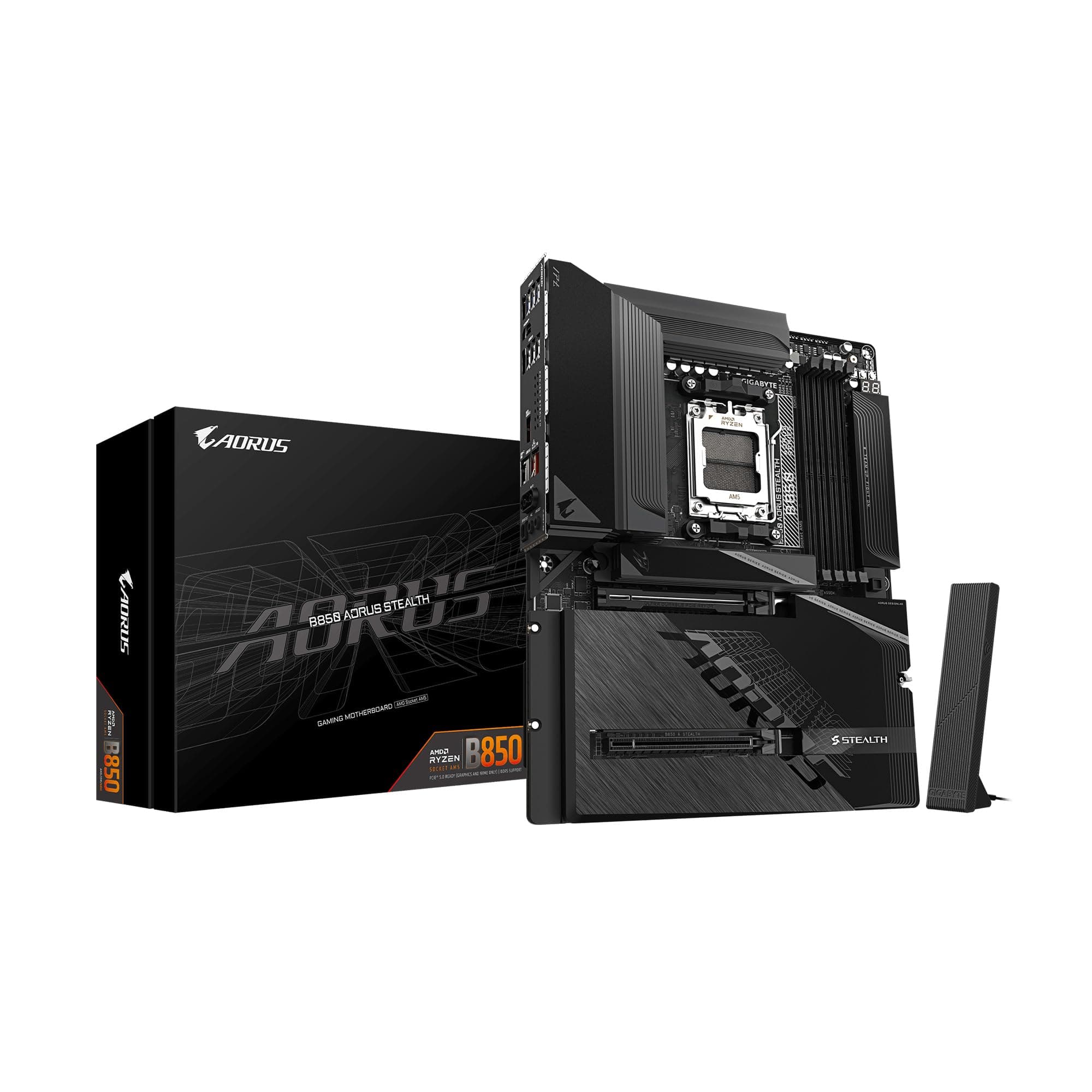 GIGABYTE B850 AORUS Stealth AMD AM5 ATX Motherboard, unterstützt AMD Ryzen 9000/8000/7000 Series Prozessoren, DDR5, 14+2+2 Power Phase, 4X M.2, PCIe 5.0, USB-C, WIFI7, 5GbE LAN, EZ-Latch, 5 Jahre