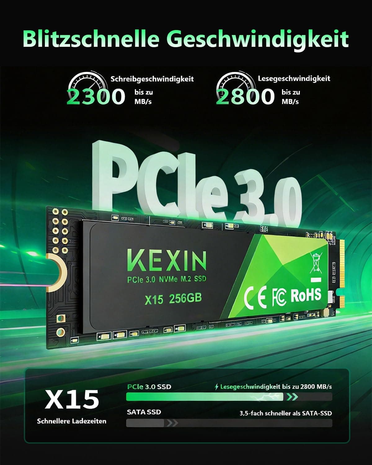 KEXIN 256GB NVMe M.2 2280 SSD PCIe 3.0, bis zu 2800 MB/s Lesen, 2300 MB/s Schreiben, 3D-NAND-Flash, Internes Solid State Drive PC-Enthusiasten und Gamer Bild 3