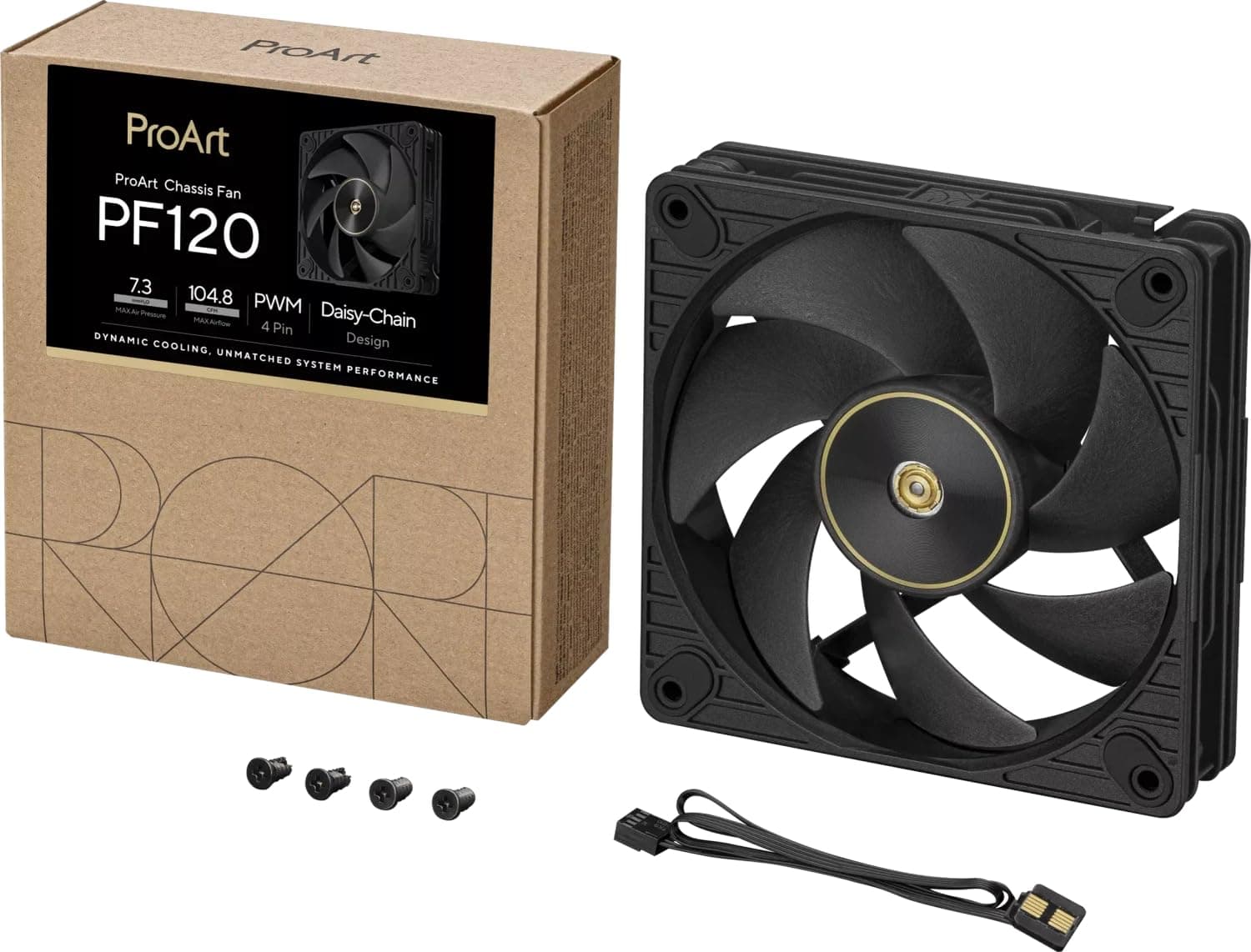 ASUS ProArt PF120 Single Pack PMW-Lüfter, 120 mm, hohe Leistung, 28 mm Rahmen, LCP-Flügel, leiser Betrieb, Präzisionstechnik, Kettenverbinder, Schwarz Bild 7