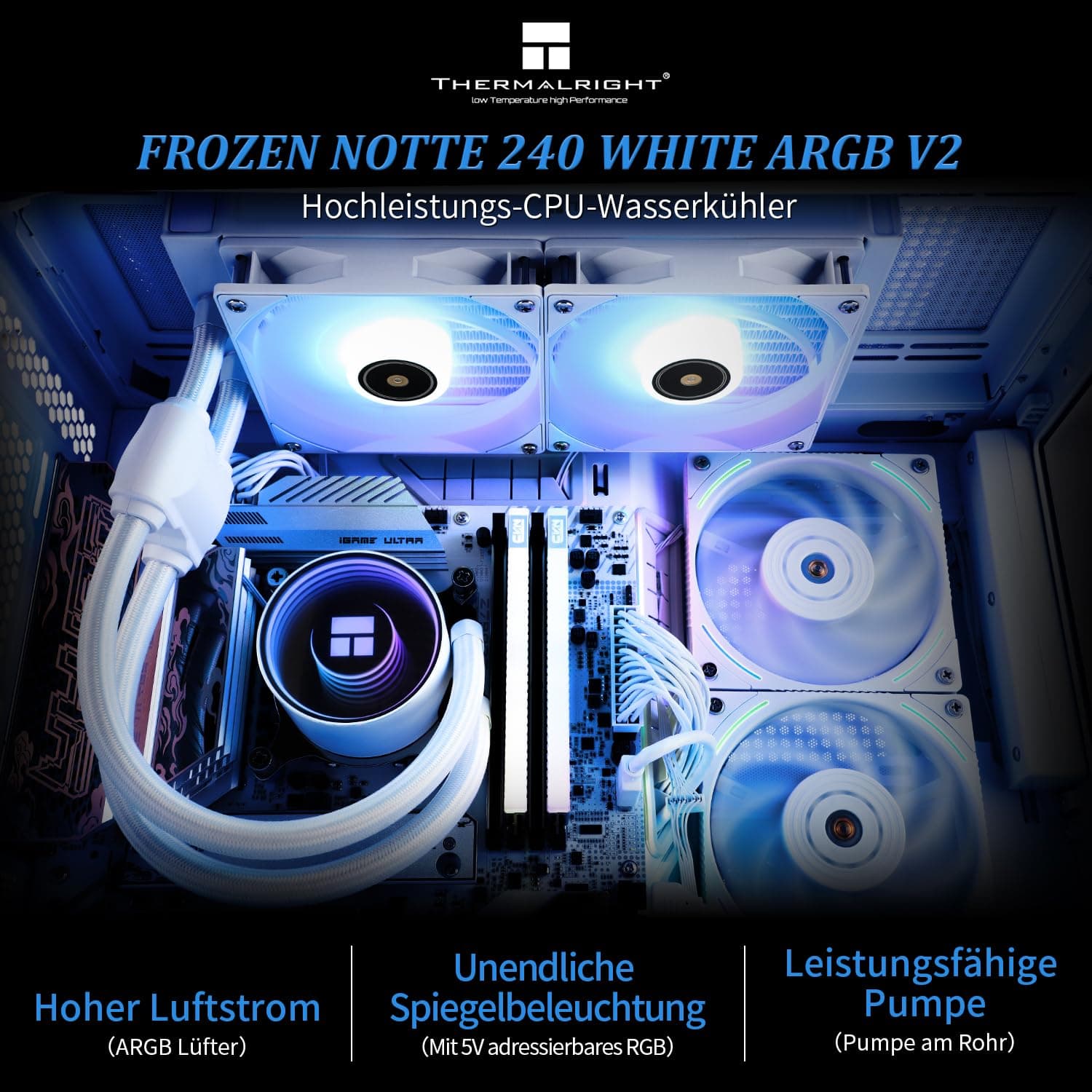 Thermalright Frozen Notte 240 WHITE ARGB V2 Wasserkühlung CPU Kühler, 240 White CPU Kühler Spezifikationen, Doppel PWM Lüfter, S-FDB Lager, passend für AMD/AM4 AM5, Intel LGA 1700/1150/1151/1200/2011 Bild 3