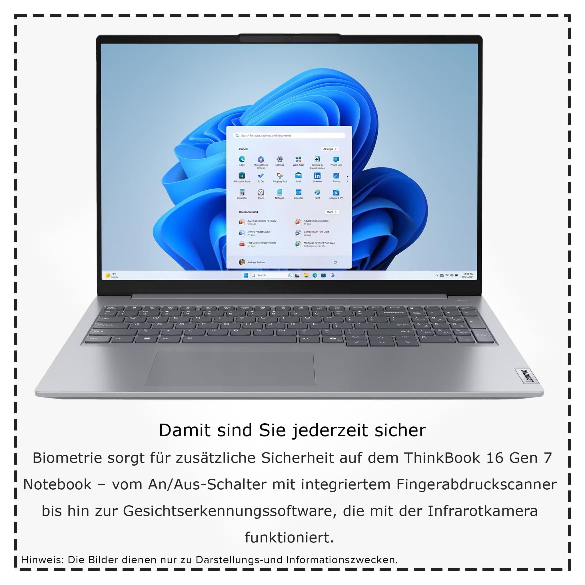 Lenovo ThinkBook 16 G7 ARP Business Laptop, AMD Ryzen 5-7535HS, 16 GB DDR5 RAM, 512 GB PCIe SSD, 16" WUXGA Display, AMD Radeon 660M Graphics, Deutsches Tastatur-Layout, Windows 11 Pro, Arctic Grey 16 GB RAM | 512 GB SSD Windows 11 Pro Bild 5