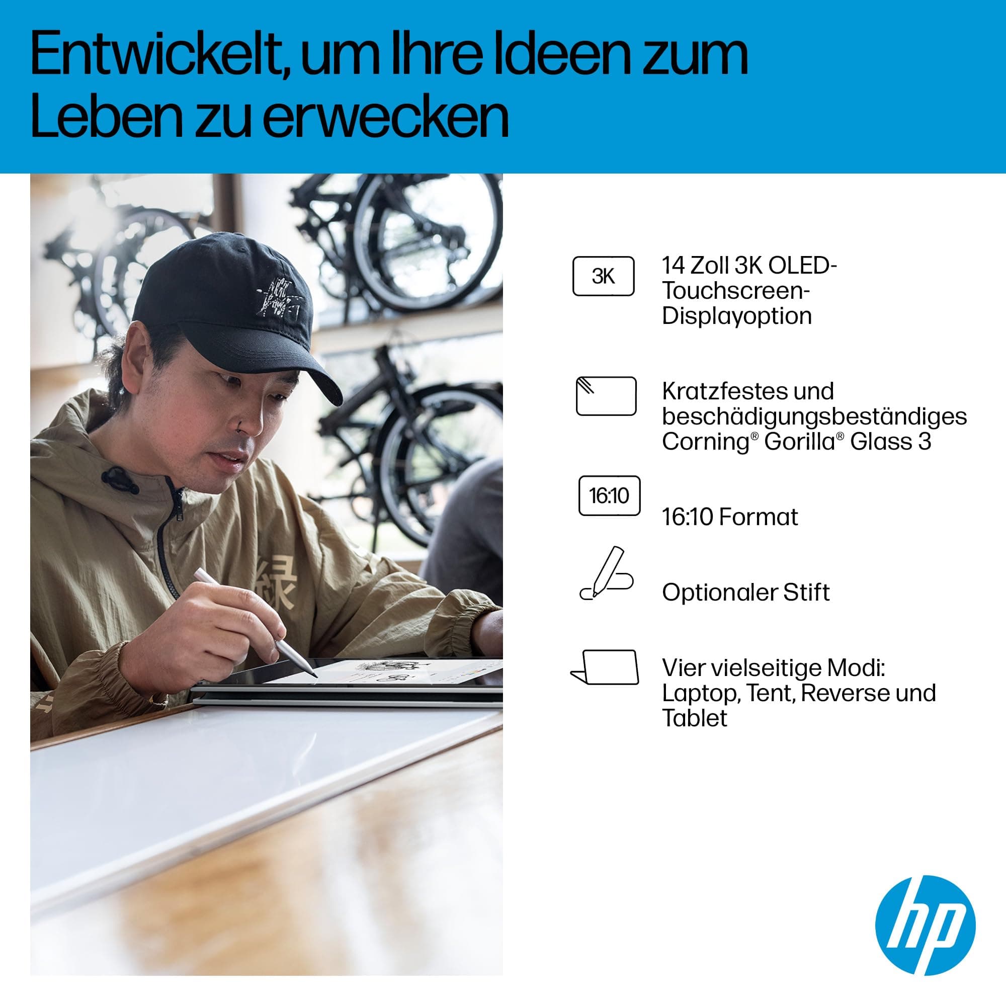 HP OmniBook X Flip 2-in-1 Laptop (14" 2K Touchscreen, AMD Ryzen AI 7, Copilot+, 16GB RAM, 512GB, Win11, QWERTZ) - Silber AMD Ryzen AI 7 350 512 GB SSD Bild 3