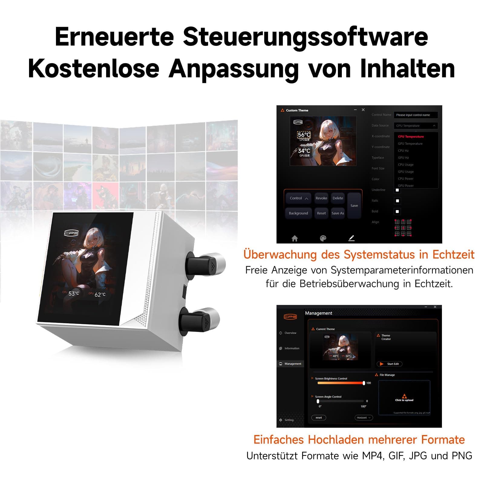 CPU-Kühler Flüssigkeitskühler, 360-mm-AIO-Flüssigkeitskühlung, Hochleistungs-Pumpe, 2,4" IPS-Display, CPS ARGB-Wasserkühlung mit leisen F5 R120-mm-Lüftern (DC360 Pro ARGB-Display BK) DC360 Pro ARGB Display BK Bild 7