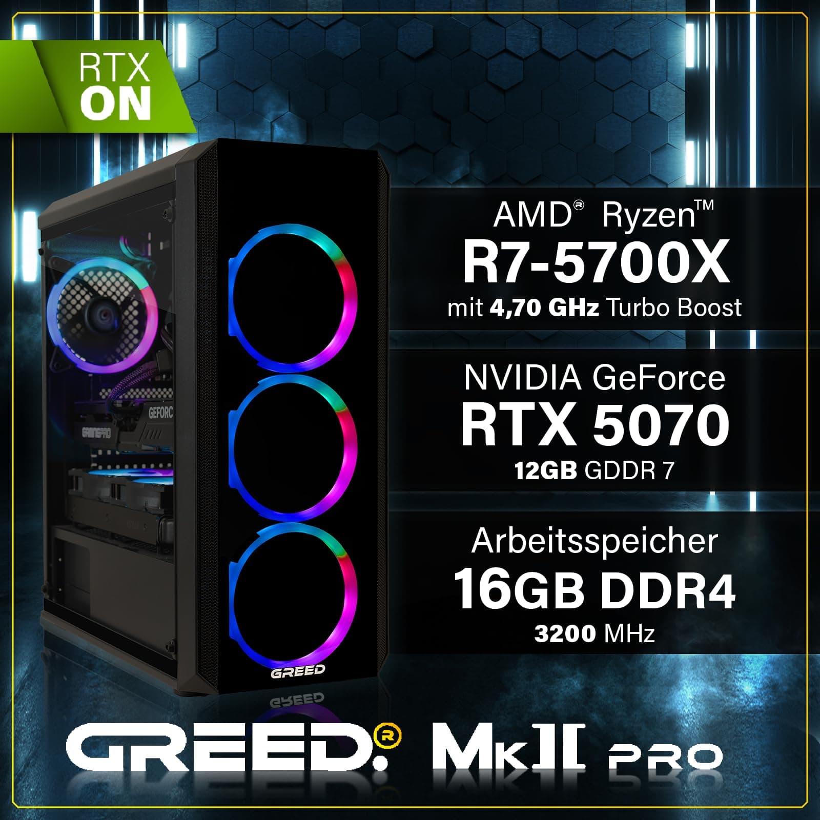 Greed® MK2 Pro - High End Gaming PC - AMD Ryzen 7 5700X + Nvidia Geforce RTX 5070 12 GB - Schneller RGB Computer + 4K Rechner mit 4,6 GHZ - 16 GB DDR4 RAM - Wasserkühlung - 1TB SSD - WLAN + W11 Pro MK2 PRO | RTX 5070 AMD 16GB Bild 3