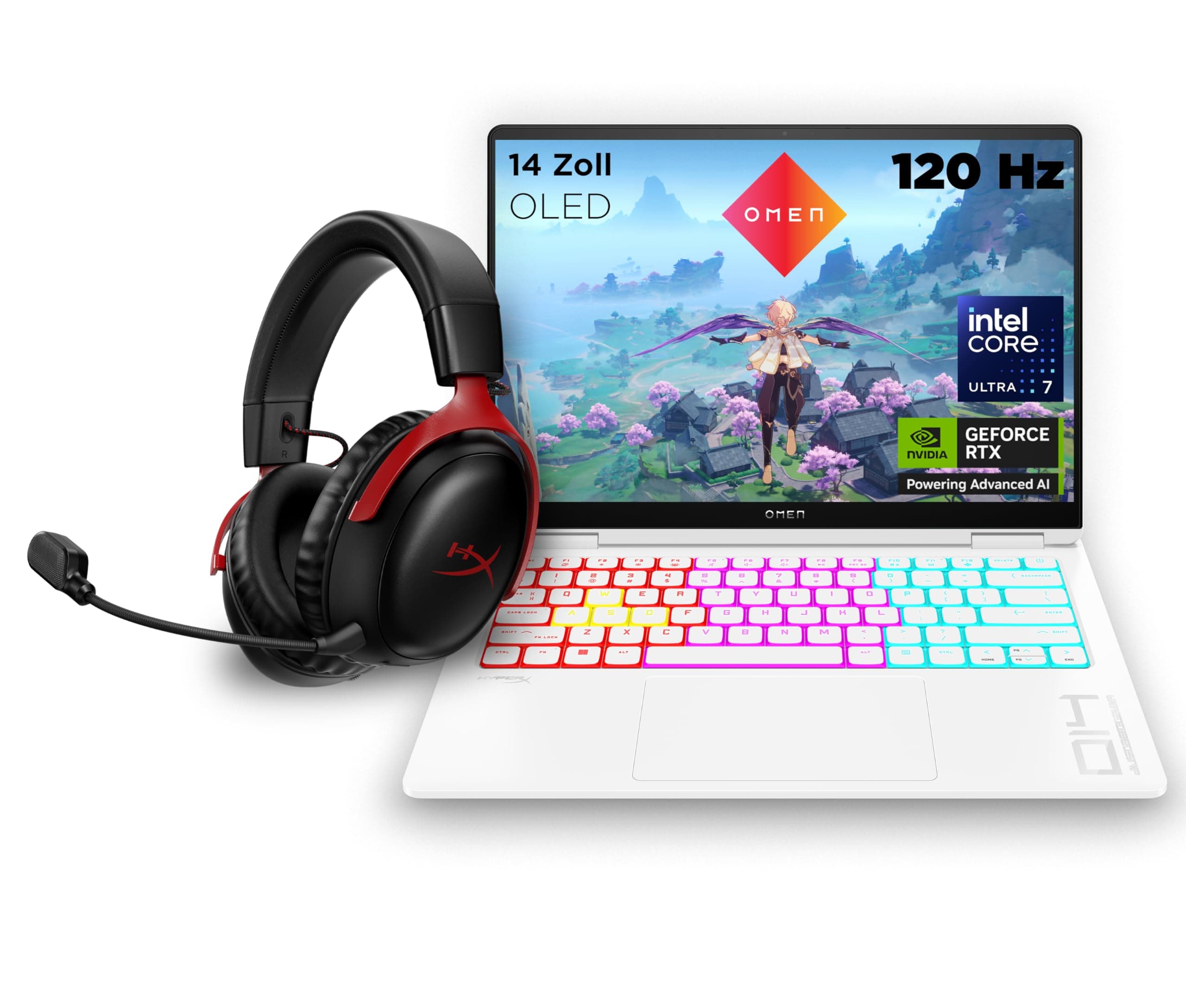 HP Omen Transcend Gaming Laptop, 14 Zoll 2,8K OLED 120Hz, Intel Core Ultra 7 155H, 16 GB DDR5 RAM, 1 TB SSD, NVIDIA GeForce RTX 4060 (8GB), QWERTZ, Windows 11, Weiß inkl. HyperX Cloud III Wireless NVIDIA GeForce RTX 4060 inkl. HyperX Cloud III Wireless + Xbox Game Pass Probemonat