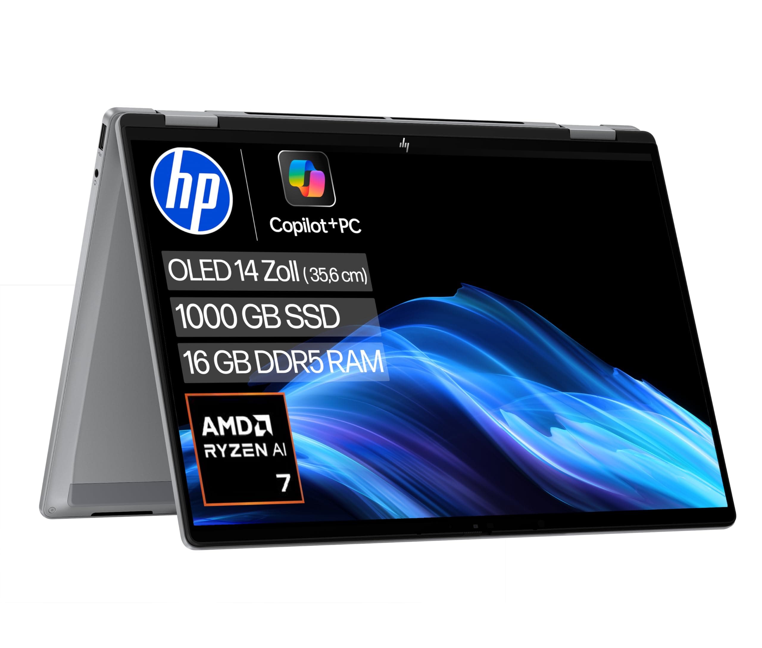 HP OmniBook X Flip 2in1 Next Gen AI Laptop| AMD Ryzen AI 7 350 (8C) | dedizierte NPU für KI | 50 NPU Tops | Copilot+ PC | 14" 3K 2880x1800 OLED-Touchscreen | 16GB | 1TB SSD | Win11 | QWERTZ | Silber AMD Ryzen AI 7 350 1 TB SSD