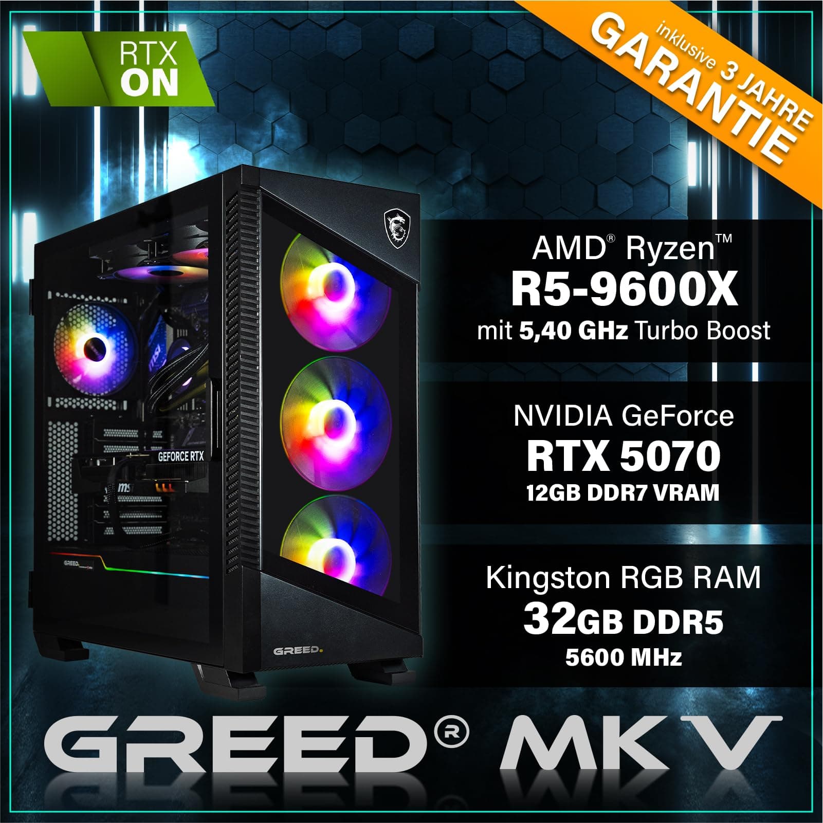 Greed® MK5 - High End Gaming PC - AMD Ryzen 5 9600X + Nvidia Geforce RTX 5070 12GB - Schneller RGB Computer + 4K Raytracing Rechner - 5,4 GHZ - 32 GB DDR5 RAM - 1TB SSD - WLAN + W11 Pro MK5 | 5070 AMD Bild 3