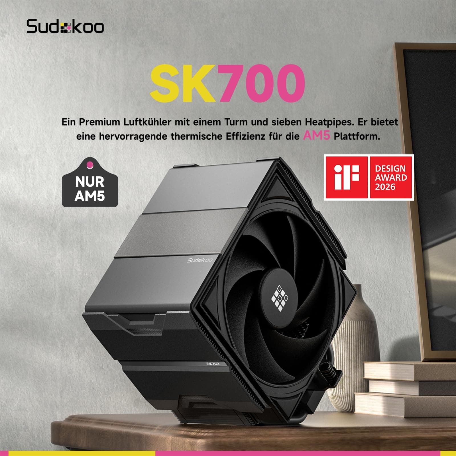 Sudokoo SK700 CPU Kühler AM5: PC Lüfter 120mm &7 Heatpipes für AM5 Exklusiv - CPU Cooler mit 120mm Lüfter & Single Tower - CPU Luftkühler van Volle RAM-Freiheit, 5 Jahre Garantie SK700 Schwarz Bild 3