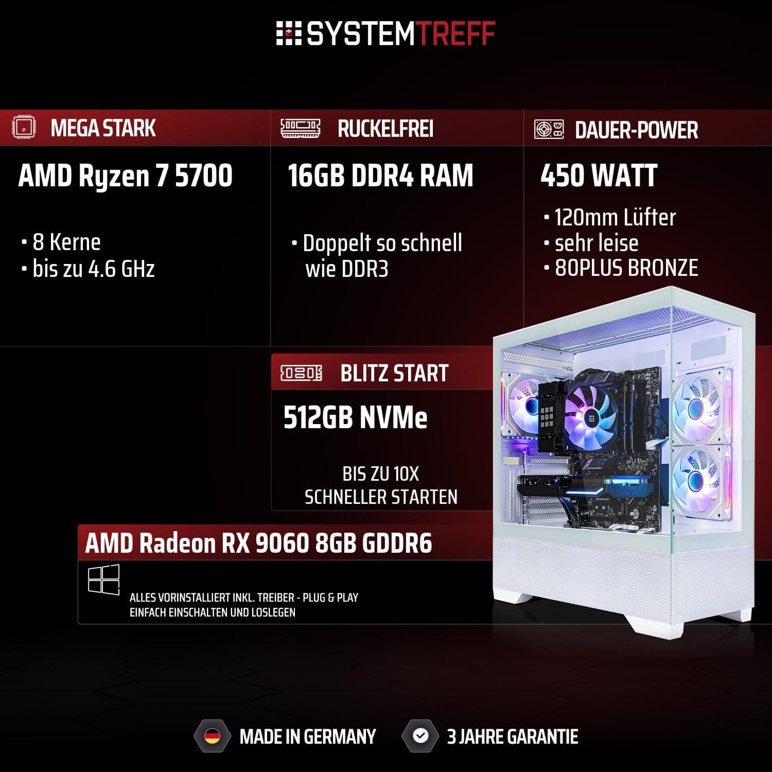 SYSTEMTREFF Gaming PC weiß AMD Ryzen 7 5700 8x4.6GHz | AMD Radeon RX 9060 8GB DX12 | 512GB M.2 NVMe | 16GB DDR4 RAM | WLAN Desktop Computer Rechner für Gamer, Zocker & Streamer AMD Ryzen 7 5700 16.0 GB 512.0 GB Dediziert Bild 2