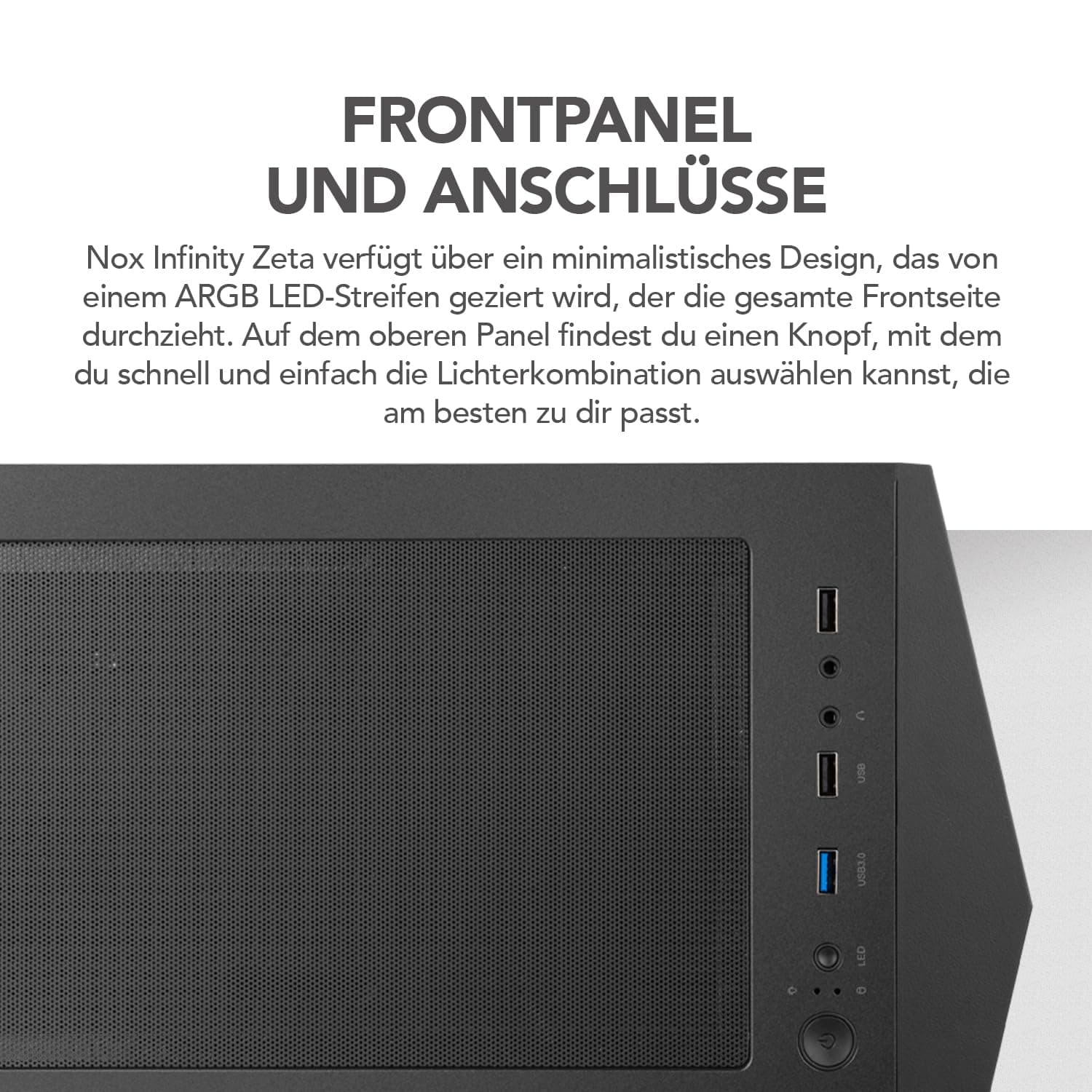 NOX Xtreme Products Infinity Zeta – Micro ATX/ITX Mini-Tower mit dynamischem ARGB Rainbow, Seitenteil aus gehärtetem Glas, Platz für 6 Lüfter, kompatibel mit Grafikkarten bis 310 mm, USB 3.0, Schwarz Bild 5