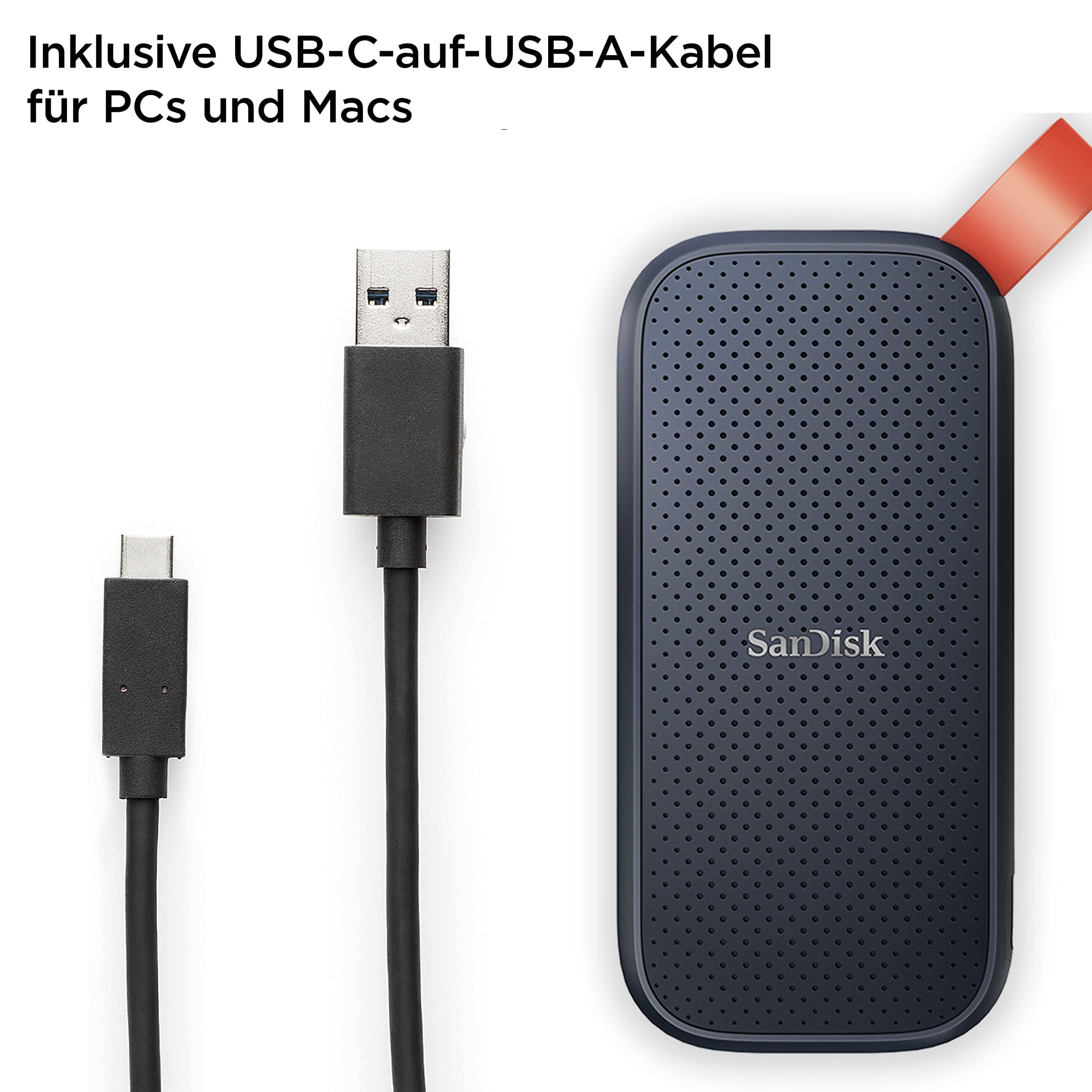 SANDISK Portable SSD 2 TB (externe SSD 2,5 Zoll, bis zu 800 MB/s Lesen, robustes Laufwerk bis zu 2 m, robuste Befestigungsschlaufe aus strapazierfähigem Gummi) Schwarz 2 TB Schwarz Bild 6