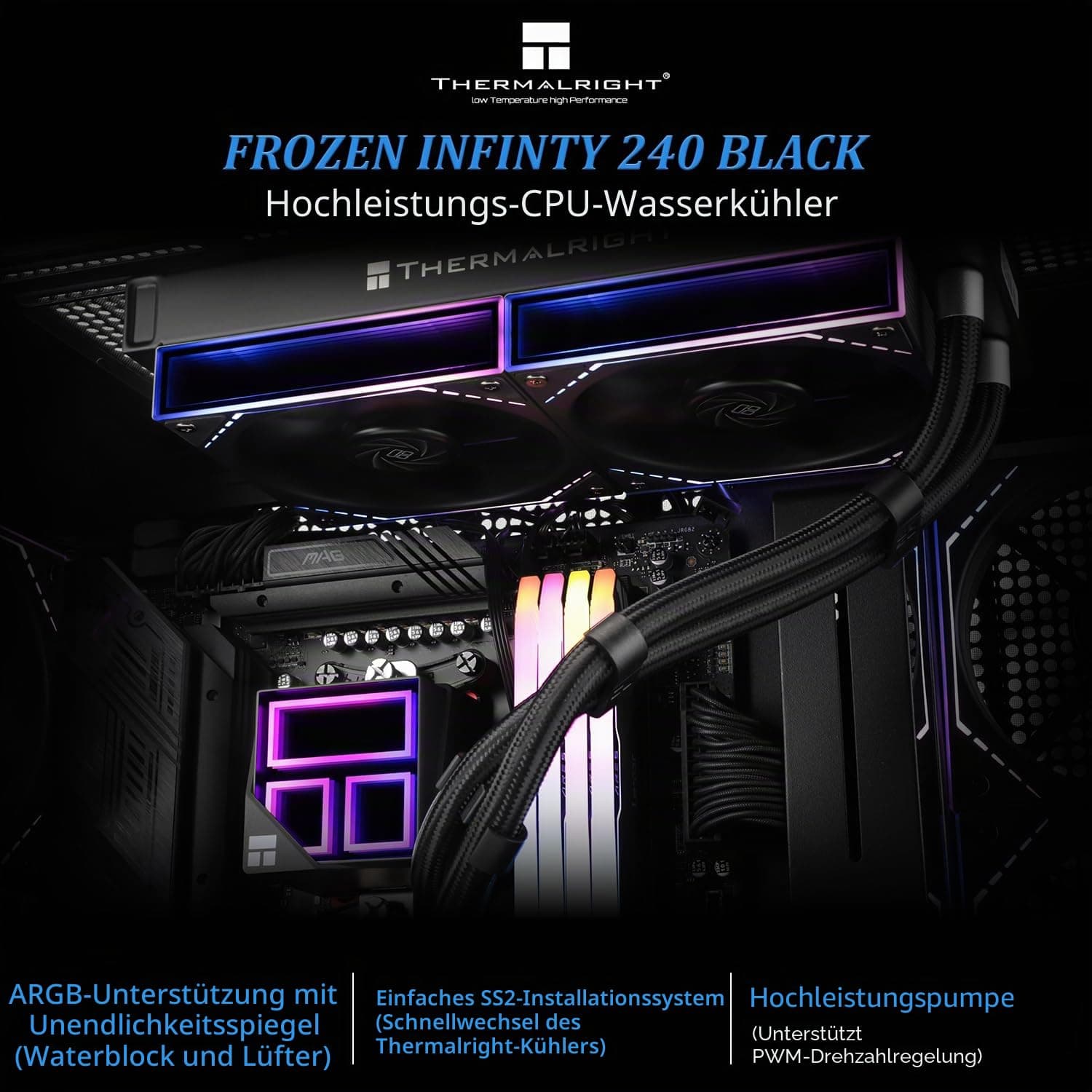 TR Frozen Infinity 240 BLACK Dual PWM Lüfter mit 2000RPM CPU Kühler Aio Desktop für AM4 / AM5 und Intel LGA1150 1151/1200 / 2011/1700 / 1851 Wasserkühler 240MM BLACK-240MM Bild 3