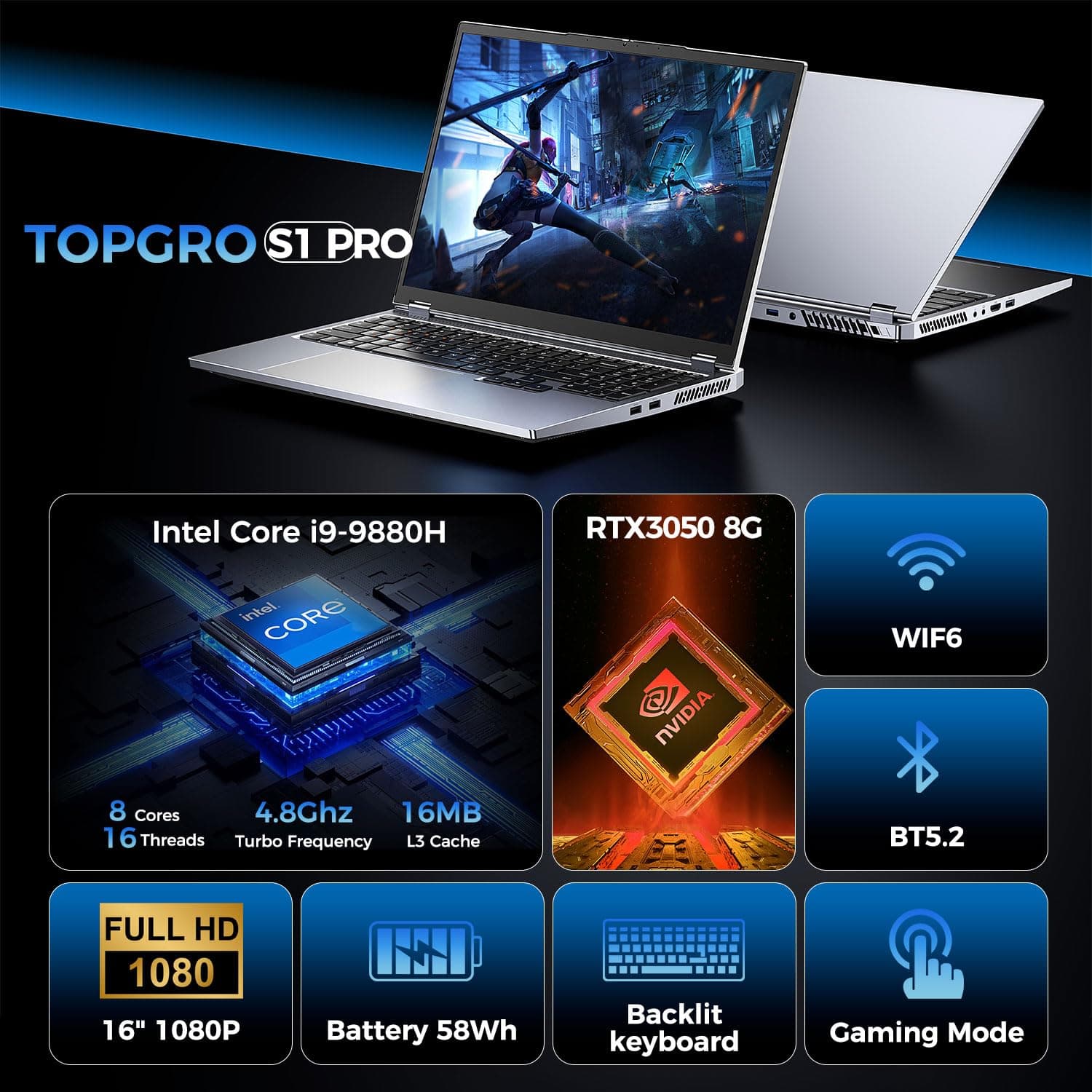 TOPGRO S1 Pro 16" Gaming Laptop, i9-9880H | GTX 3050 Ti (8C/16T, bis zu 4,8 GHz) | 32 GB RAM + 1 TB Speicher | Wi-Fi 6/Bluetooth 5.2 | 144 Hz + Full-HD-Display | Dual-Turbo-Kühlsystem | Webcam Bild 2