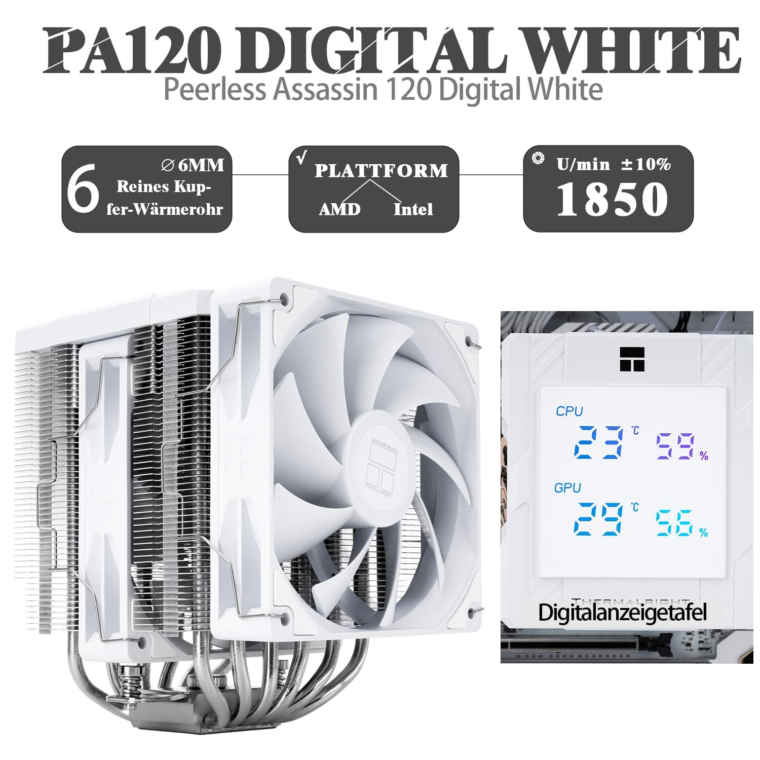 TR-Thermalright Peerless Assassin 120 Digital White CPU-Kühler, Double Tower mit 6 Heatpipes, Dual 120mm PWM Lüfter-1850U/min,Digital Display Board Top Cover, für AM5/AM4,Intel LGA1851/1700/1200/115x Bild 3