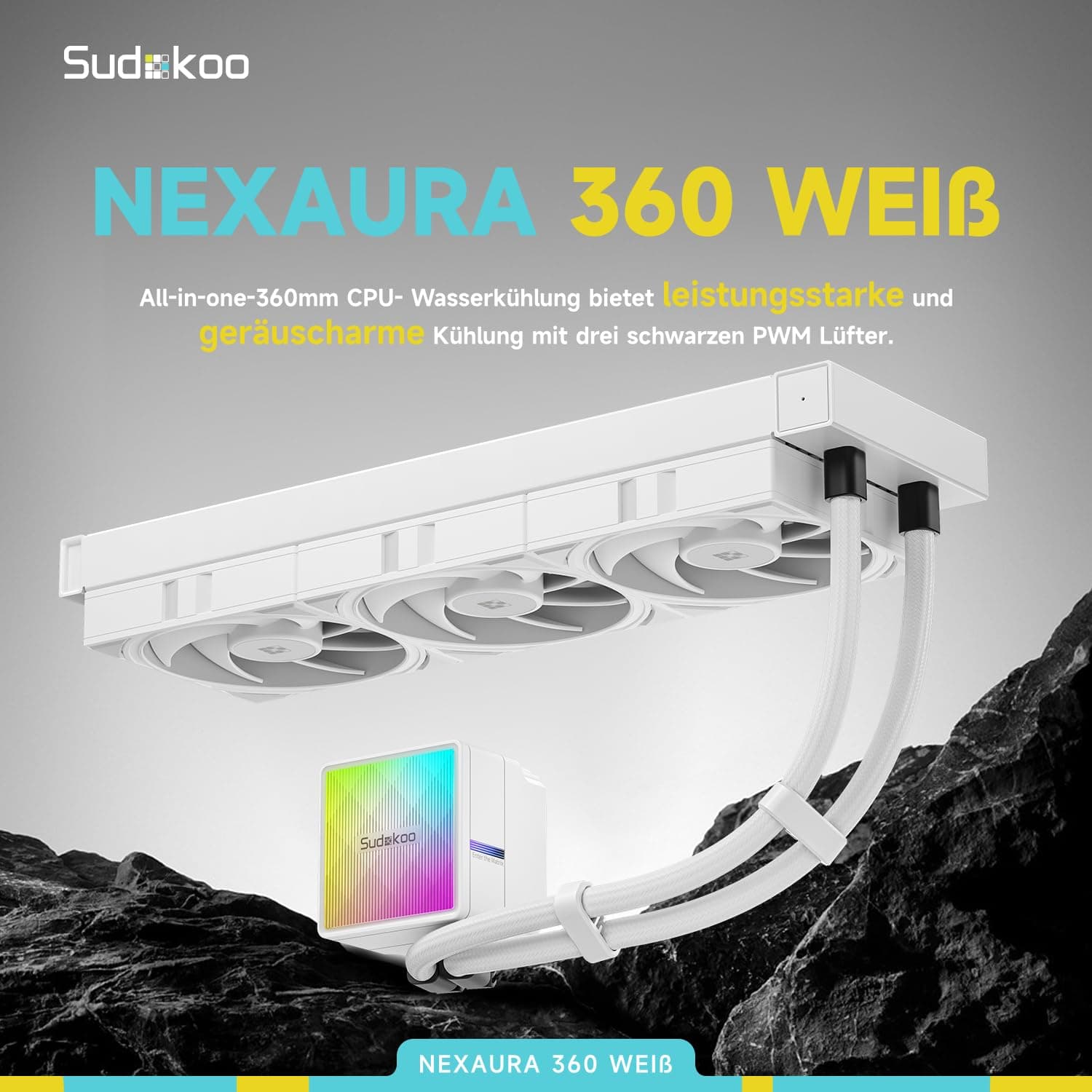 Sudokoo NEXAURA 360 CPU Wasserkühlung : AIO Wasserkühlung 360mm mit 3x FDB PWM Lüfter & ARGB PWM Leise Pumpe van 2500–3600 RPM - CPU Kühler TDP 300W für Intel LGA 1851/1700/1200/115X AMD AM5/AM4 NEXAURA 360 schwarz Bild 4