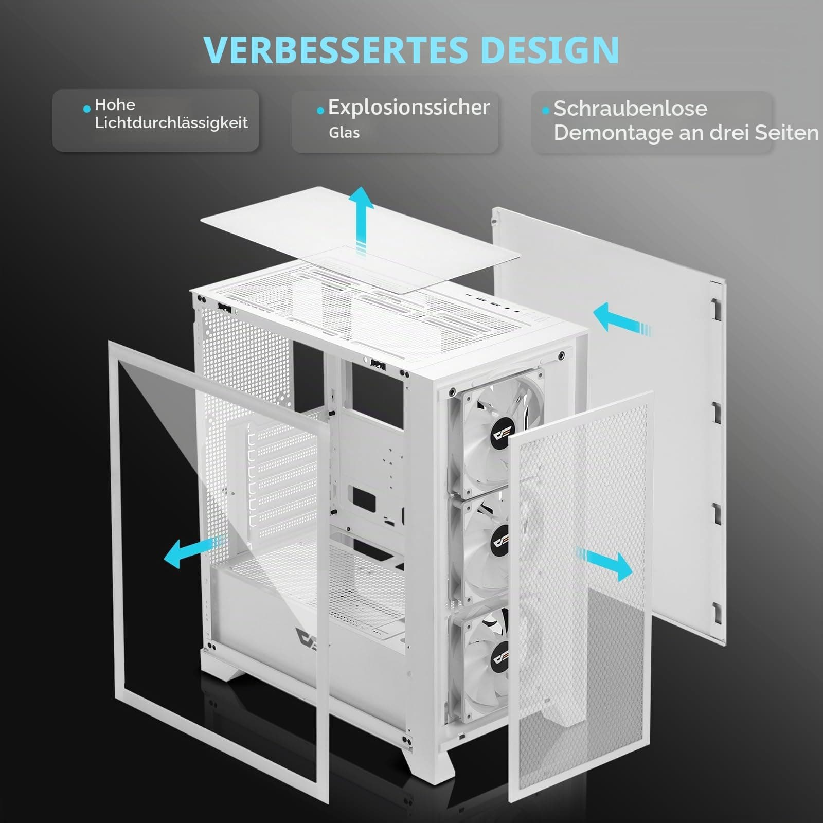 darkFlash ATX Mid-Tower Gaming-PC-Gehäuse, vorinstallierte 3x120mm RGB-Lüfter, abnehmbare große Mesh-Frontblende, USB 3.0-fähig, Seitenwand aus gehärtetem Glas für optimale Belüftung, Weiß (DRX70) Bild 3