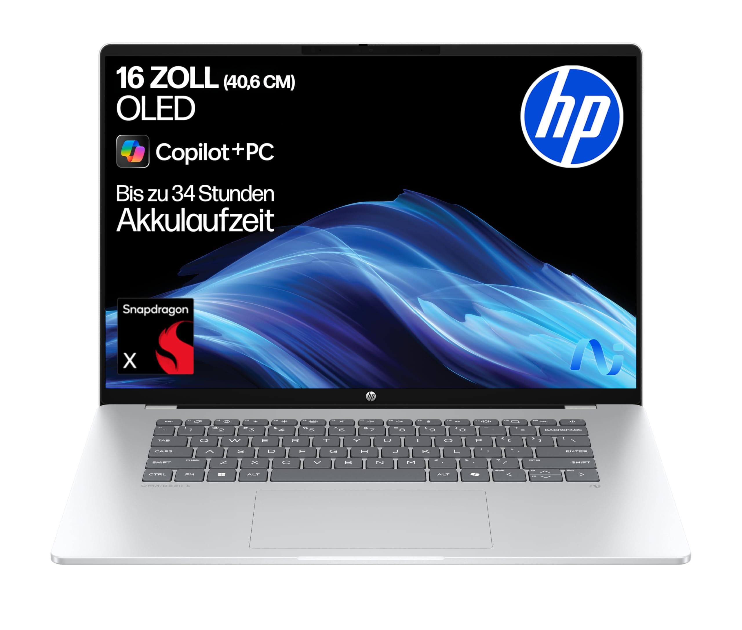 HP OmniBook 5 Next Gen AI Laptop PC, 16 Zoll 2K OLED Touch, Snapdragon X1-26-100 Prozessor (45 NPU-Tops), 16 GB LPDDR5x RAM, 512 GB PCIe SSD, Qualcomm Adreno GPU, Windows 11 Home, QWERTZ, Silber QC Snapdragon X1-26-100