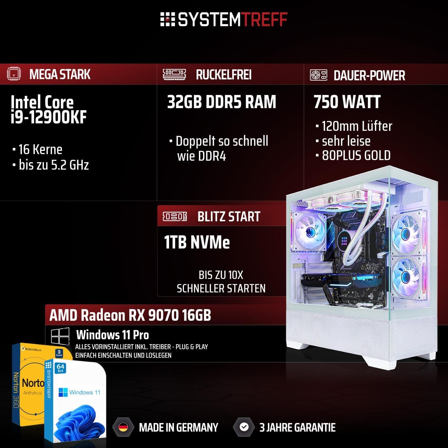 SYSTEMTREFF High-End Gaming PC weiß Intel Core i9-12900KF 8x5.2GHz | AMD Radeon RX 9070 16GB DX12 | 1TB M.2 NVMe | 32GB DDR5 RAM | Windows 11 | Desktop Computer Rechner für Gamer, Zocker & Streamer Bild 2