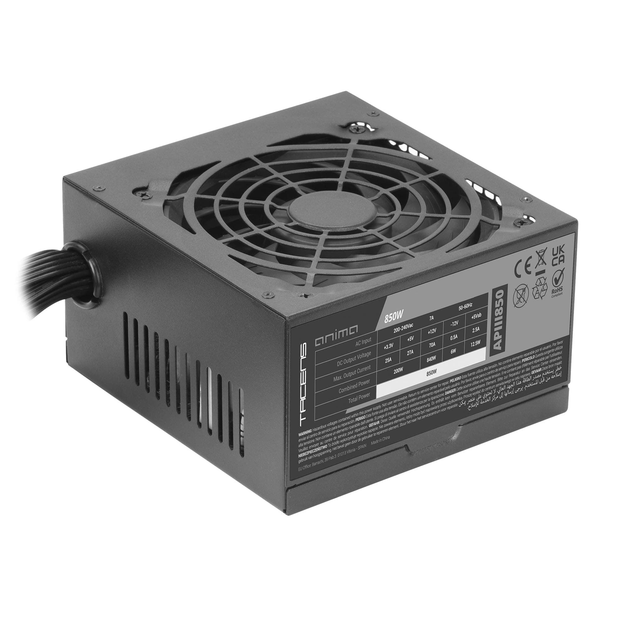 Tacens Anima APIII850, ATX 850W Netzteil, SMD- und DC-DC-Technologien, 85% Effizienz 12V, Ultra-leiser 12cm Lüfter, Japanische Kondensatoren 105º, Carbonfaser-Kabel, Schwarz