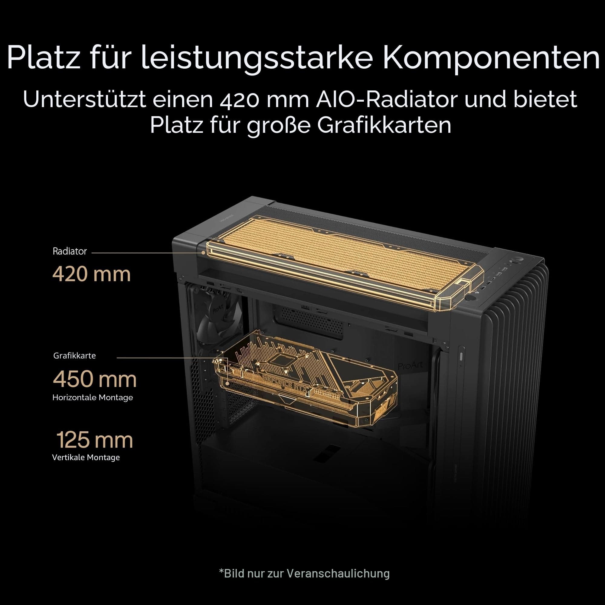 ASUS ProArt PA602 Wood Edition Metal Panel E-ATX PC Gehäuse (zertifiziertes Holz, vorinstallierte Systemlüfter und Grafikkartenhalter, unterstützt 420 mm Radiator, IR-Staubsensor, USB Typ-C 20Gbps) Bild 5