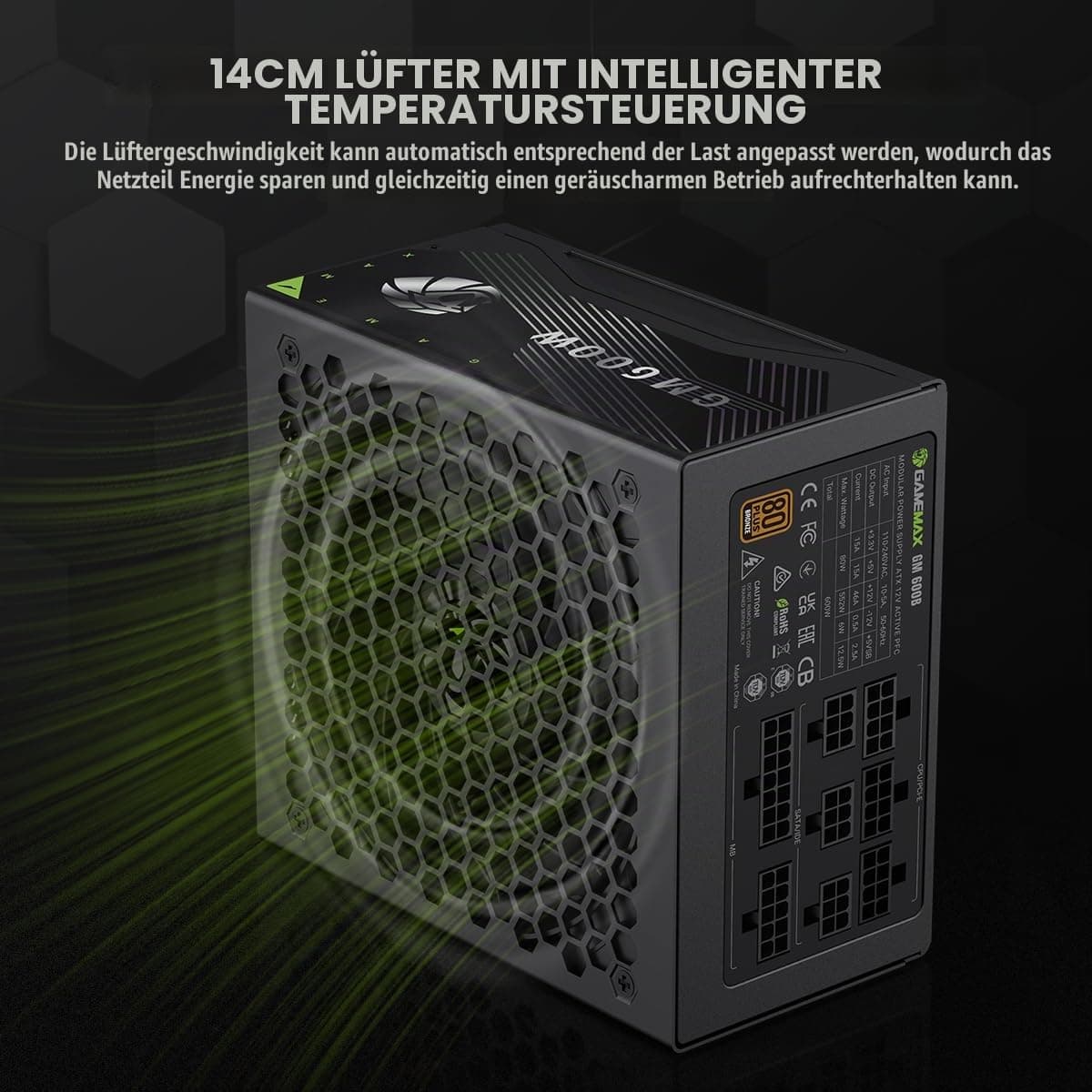 GAMEMAX GM 600B Netzteil PC 600W, Vollmodular, 80Plus Bronze, Active PFC & DC-to-DC, ATX Single 12V Rail, 140mm Lüfter, Hochwertige Kondensatoren, 7 Schutzfunktionen, 3 Jahre Garantie, Schwarz Bild 5