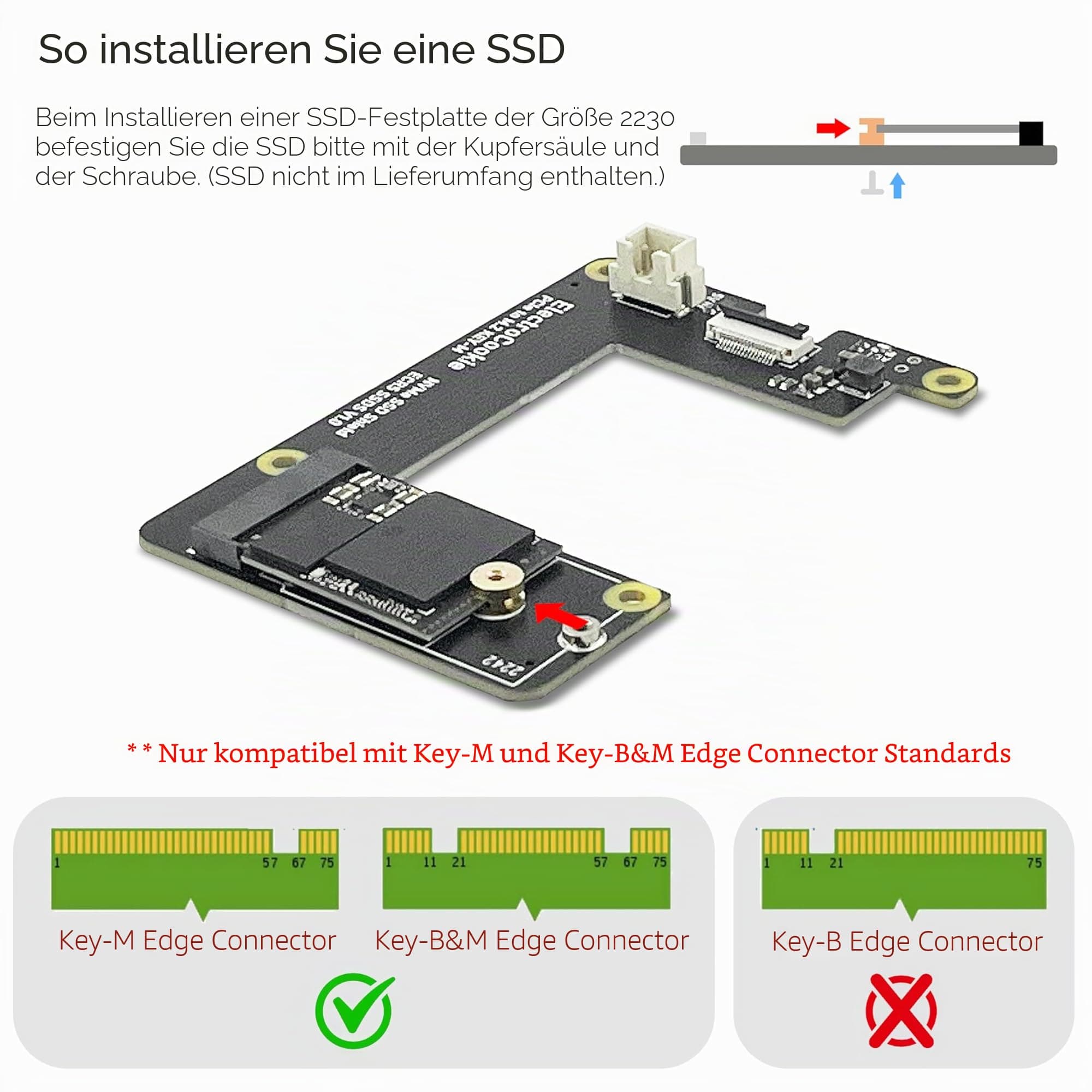 ELECTROCOOKIE PCIe auf M.2 NVMe SSD HAT Board für Raspberry Pi 5 - Aluminium, unterstützt Key-M 2230 & 2242 SSD Größen Bild 5