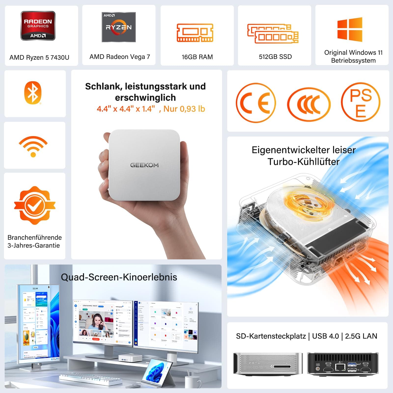 GEEKOM Mini PC A5 Pro mit AMD Ryzen 5 7430U, 16GB Aufrüstbarer DDR4 RAM(Kein festgelegter LPDDR) + 512GB SSD | Kompakter Mini Desktop PC W-11 Pro | 6 x USB | Quad Display, für Business R5 7430U(16+1) Bild 2