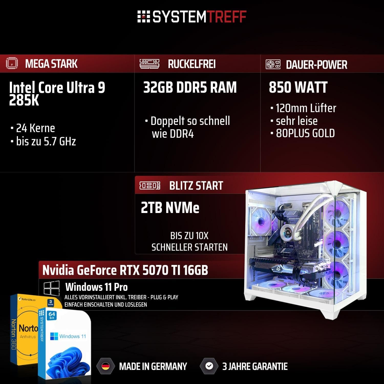 SYSTEMTREFF High-End Gaming PC weiß Intel Core Ultra 9 285K 8x5.7GHz | Nvidia RTX 5070 TI 16GB | 2TB M.2 NVMe | 32GB DDR5 RAM | Windows 11 | Desktop Computer Rechner für Gamer, Zocker & Streamer Bild 2